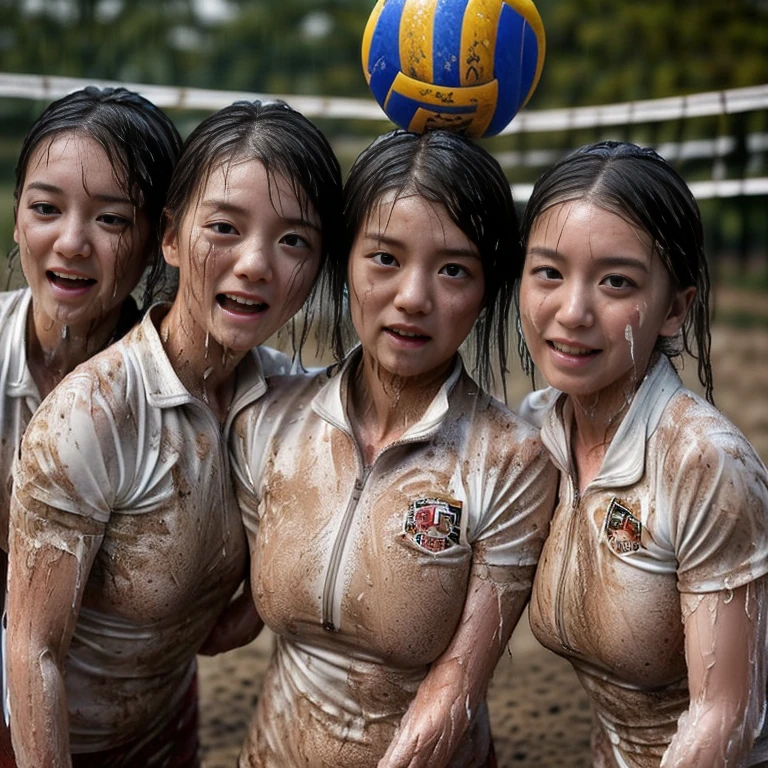 UHD, retina, masterpiece, ccurate, anatomically correct, textured skin, super detail, high details, high quality, award winning, best quality, highres, 1080P, HD, 4K, 8k, 16k、soccer court、soccer ball、Soccer Shoes、soccer uniform、very cute girls,sweaty、(Nipples become visible in the rain:1.3)、(Heavy rain:1.2)、thunder、(Rain makes the vagina transparent:1.3)