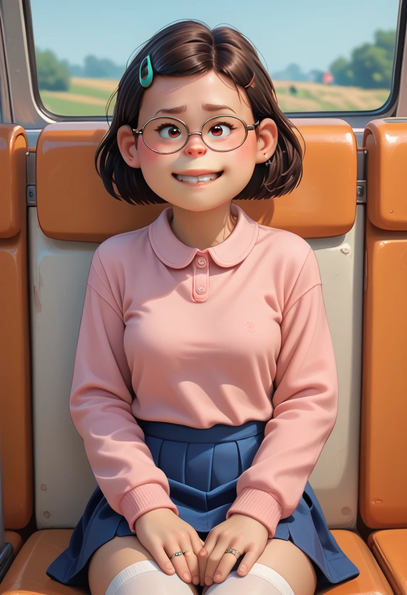 Mei Lee,

(((little body))), tiny, small_body ,black hair, hairpin, glasses, red sweater, pink shirt, stockings, blue skirt, smiling, 
 
score_9, score 8, score 7, score 6,

1 girl, medium breasts, 

looking at the viewer, sitting on the bus, spreading his legs,