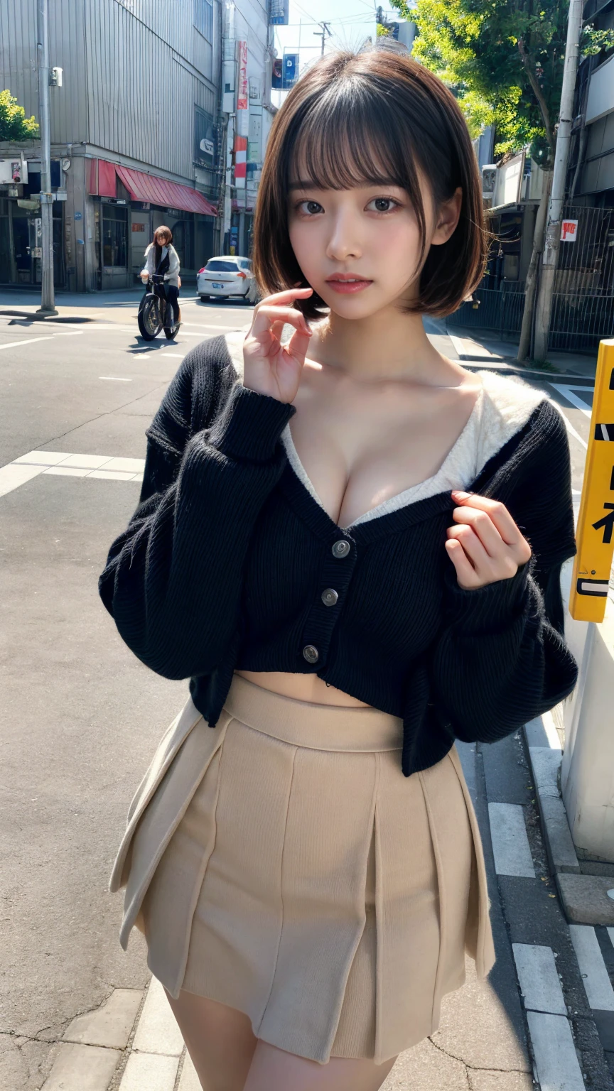 masterpiece, best quality, illustration, Super detailed, fine details, High resolution, 8K,wall paper, perfect dynamic composition,(Details High quality, realistic depiction of eyes:1.3), short hair, Gorgeous and stylish black fluffy latest trend Tokyo winter clothes, wool sweater, A-line skirt, short bob hair, black hair color, Big Natural Color Lip, sexy pose, crying a little、cold gaze, Harajuku style、20 year old girl、cute type、lolita, hposing Gravure Idol, full body photo、focus on crotch, large breasts, expresses the roundness and softness of your chest, Don't expose it