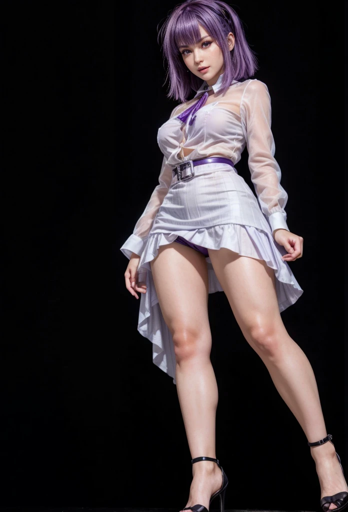 Ayane, Purple hair, (best quality, Ultra-detailed), (realistic:1.37), beautiful and detailed face, ultra-realistic texture, delicate face, delicate body, red lipstick, long-lasting colors. high definition, 8K.