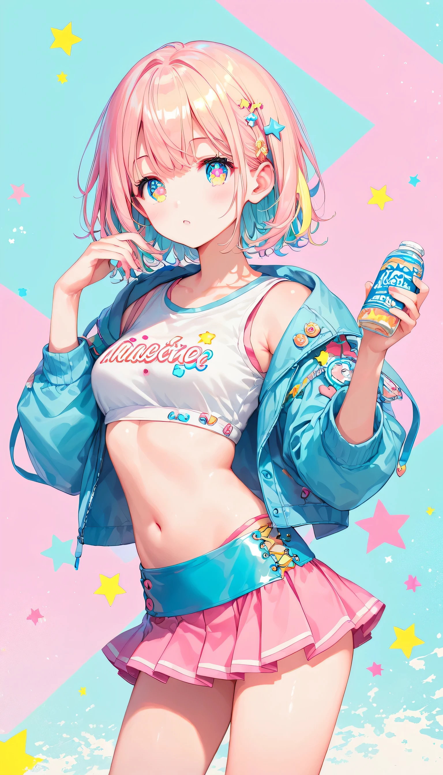 Score_9, Score_8_superior, Score_7_superior,sauce_anime, High-resolution images,masterpiece,Best Quality,girl,Cute face,Beautiful Skin,Shiny Hair,Highly detailed eyes,Pastel color background, Jojipan, mini skirt,Pastel Hair