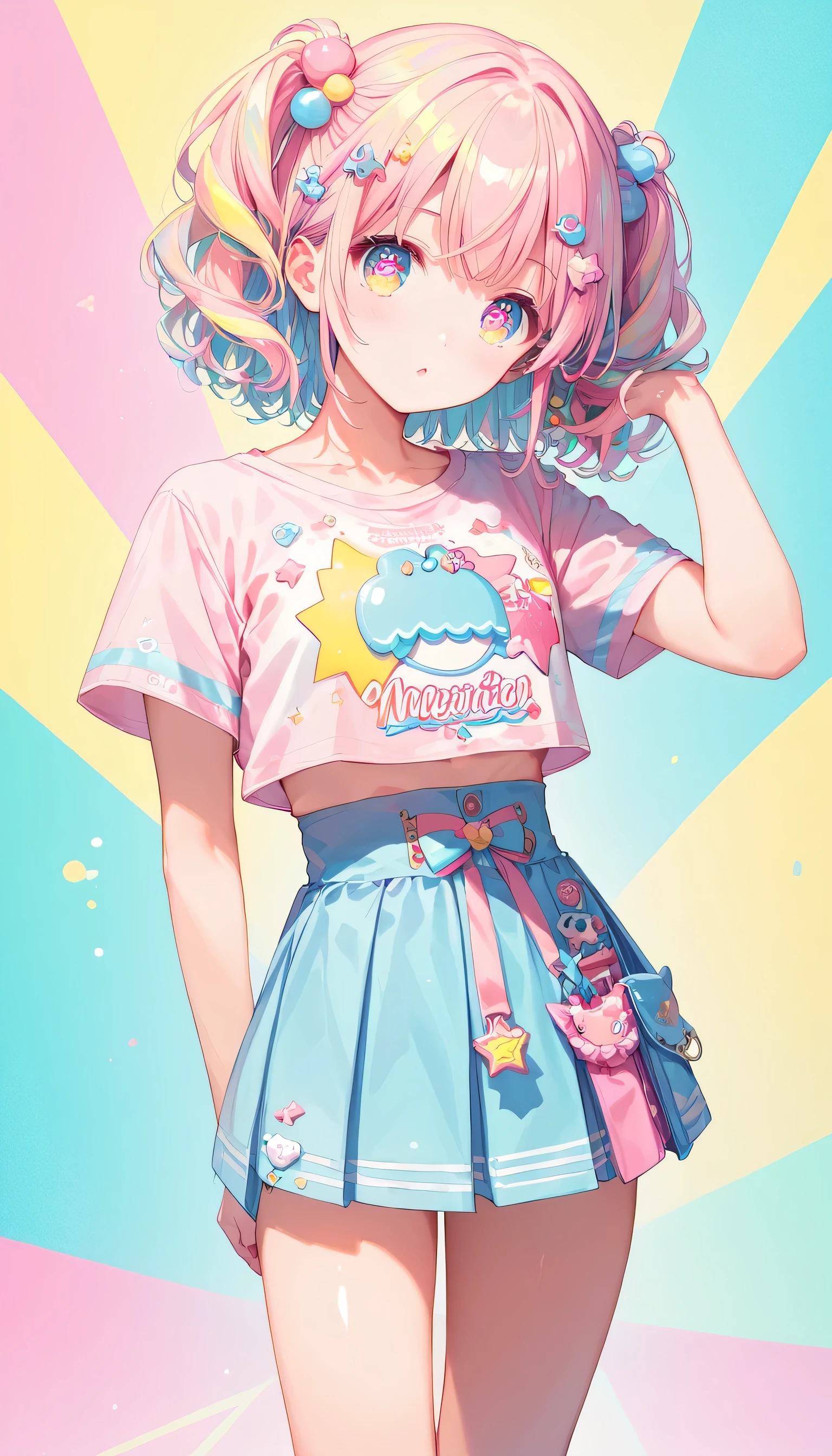 Score_9, Score_8_superior, Score_7_superior,sauce_anime, High-resolution images,masterpiece,Best Quality,girl,Cute face,Beautiful Skin,Shiny Hair,Highly detailed eyes,Pastel color background, Jojipan, mini skirt,Pastel Hair