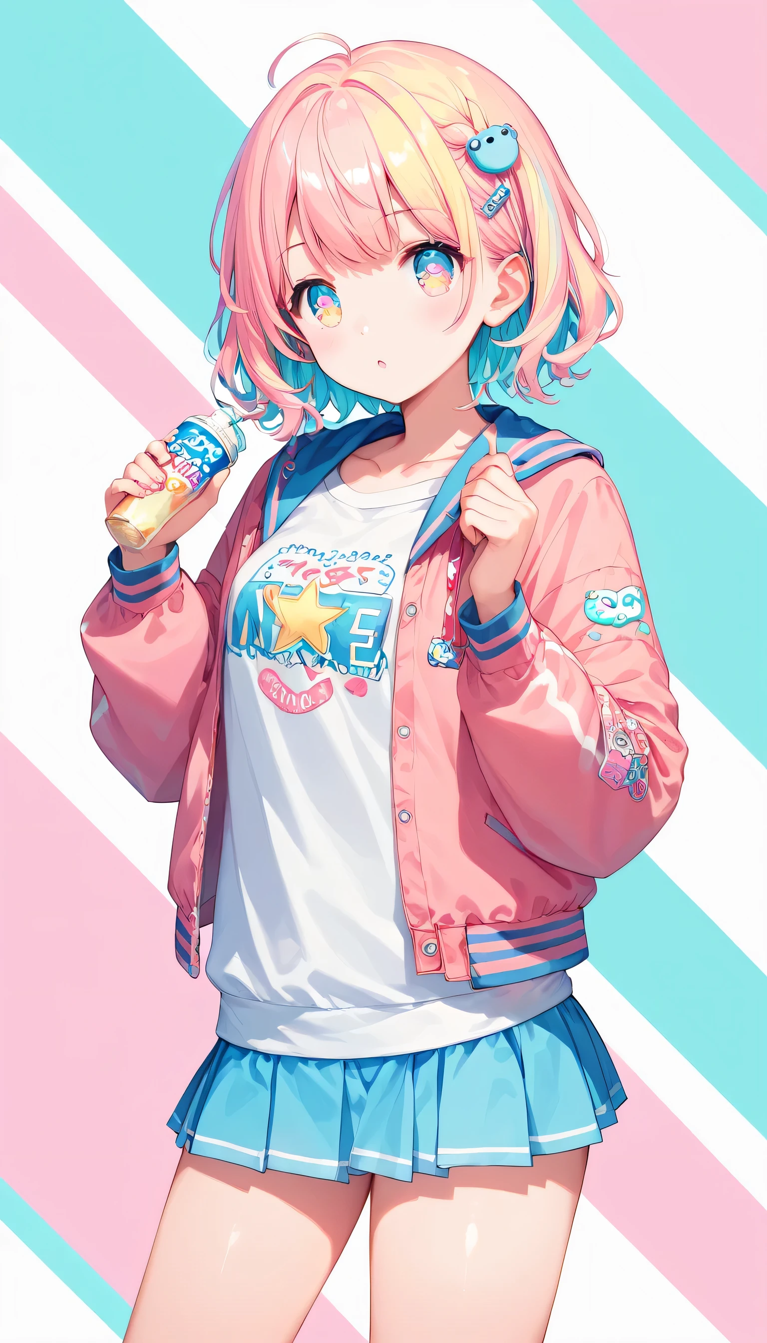 Score_9, Score_8_superior, Score_7_superior,sauce_anime, High-resolution images,masterpiece,Best Quality,girl,Cute face,Beautiful Skin,Shiny Hair,Highly detailed eyes,Pastel color background, Jojipan, mini skirt,Pastel Hair