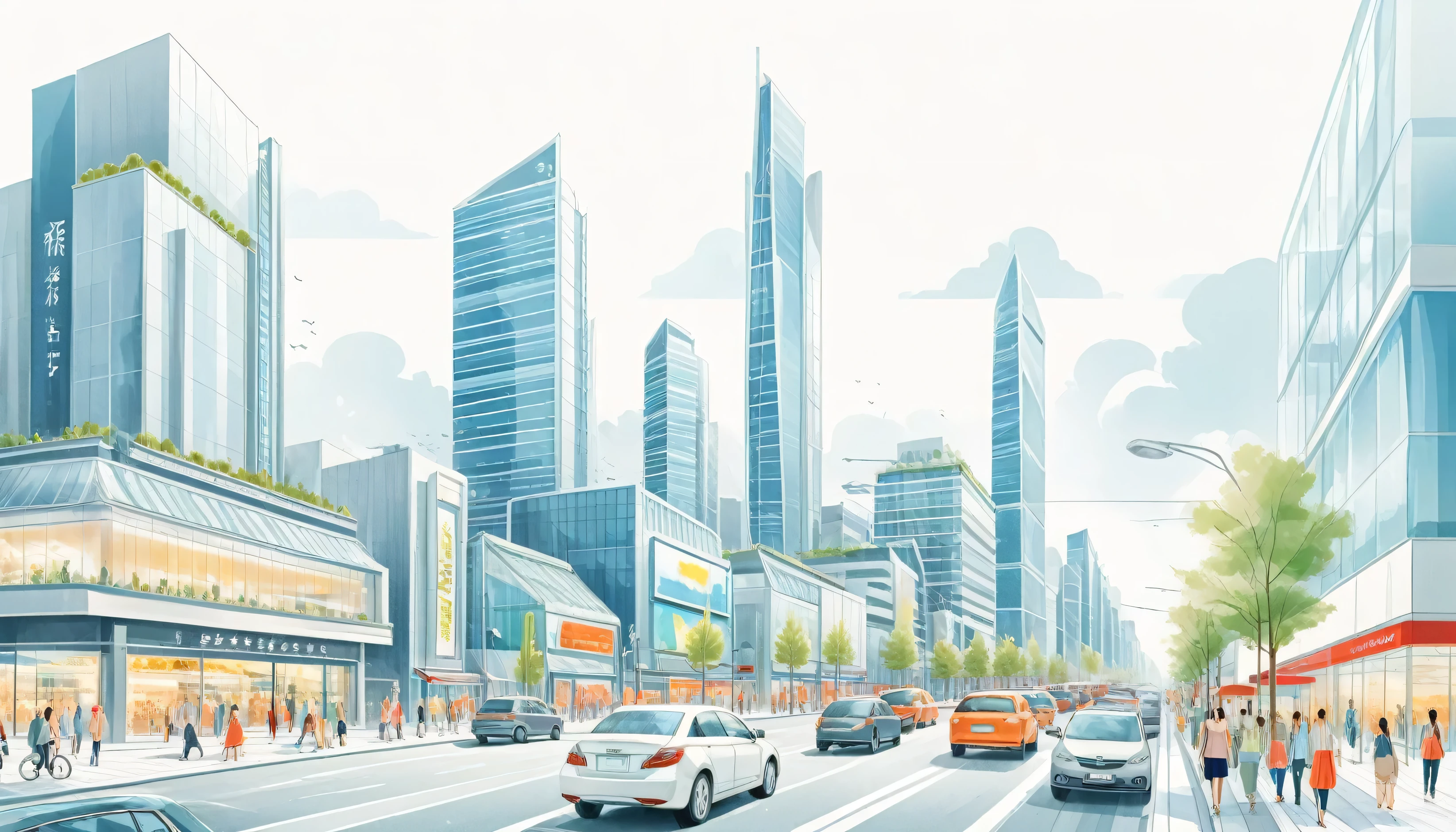 City streets with traffic,Modern shopping street,Modern Architecture,Mainly line illustrations,Simplicity,Overlooking