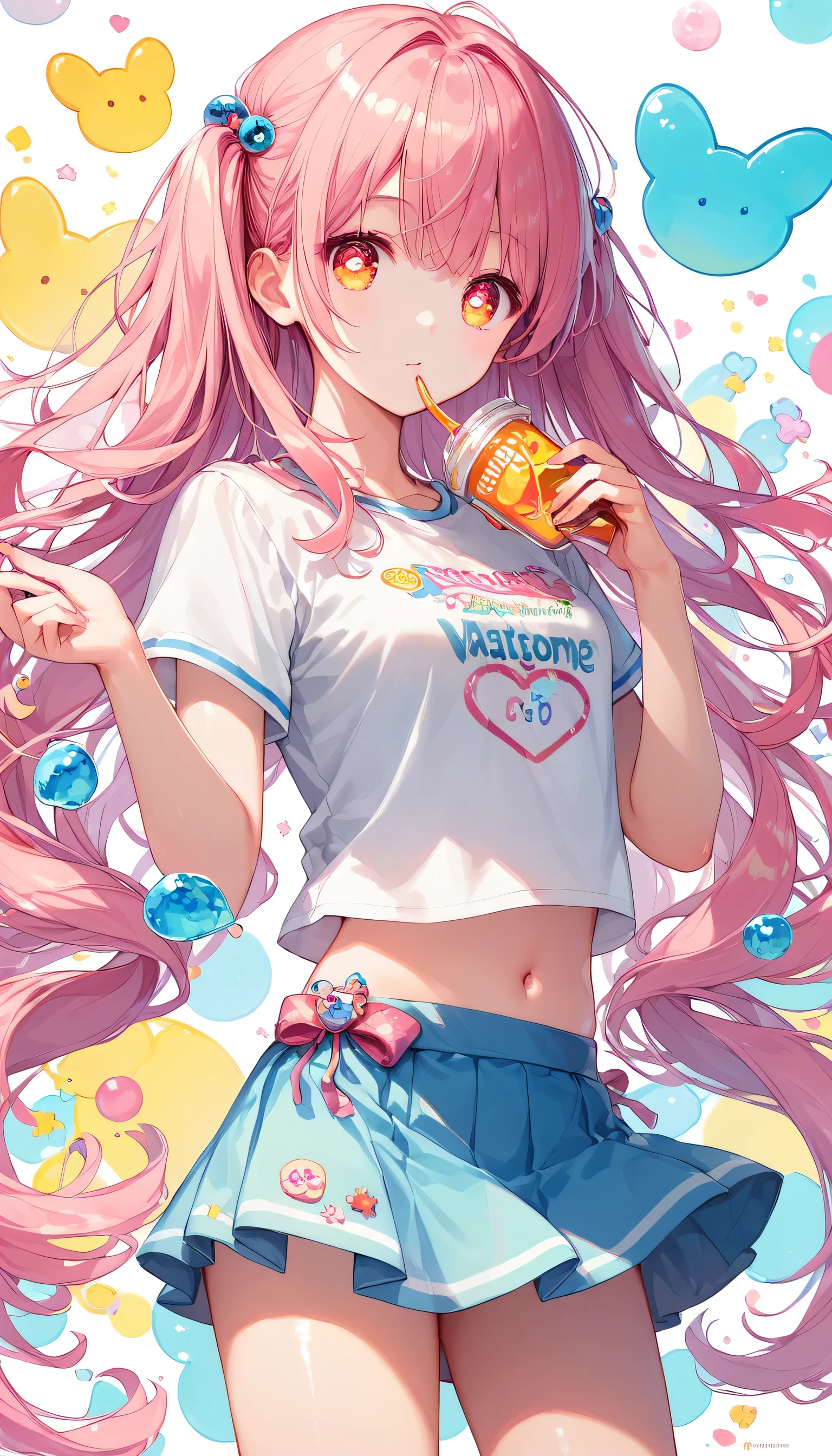 Score_9, Score_8_superior, Score_7_superior,sauce_anime, High-resolution images,masterpiece,Best Quality,girl,Cute face,Beautiful Skin,Shiny Hair,Highly detailed eyes,Pastel color background, Jojipan, mini skirt,Long twin tails、hair,ロングhair,