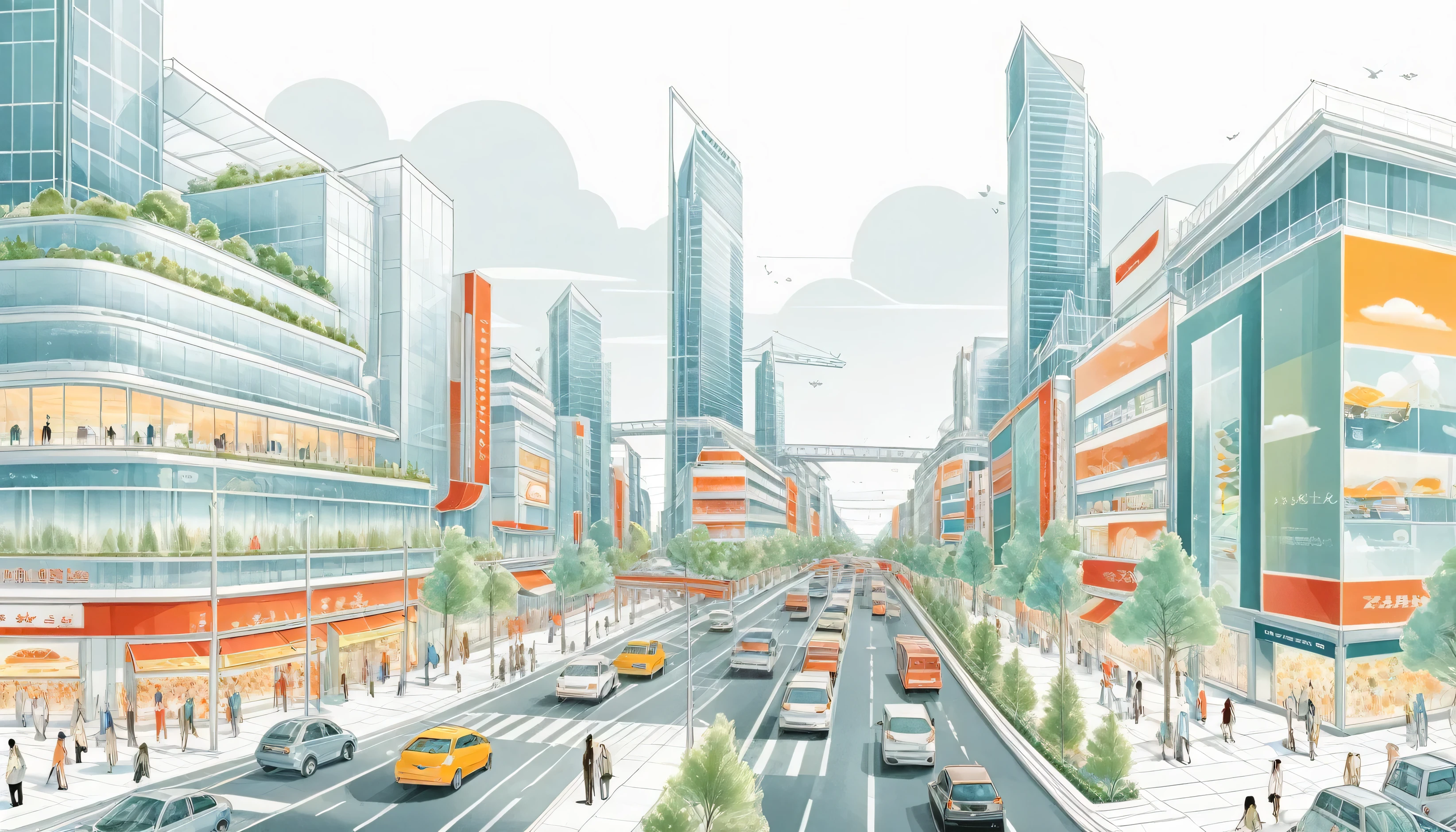 City streets with traffic，Modern shopping street，Modern Architecture，Mainly line illustrations，Simplicity，Overlooking