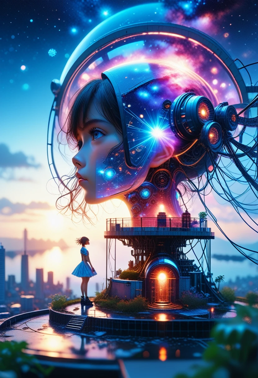 Best quality, masterpiece, extremely detailed, detailed background, anime, 1 girl, young girl, short girl, Science fiction, Science fiction, outdoors, Night, starry sky, greenhouse, megastructure, biodome, landscape, sceneryhorizon, roof, sitting on roof, wind, looking away, Atmospheric lighting, just concentrate, close, from the side, depth of field, hips