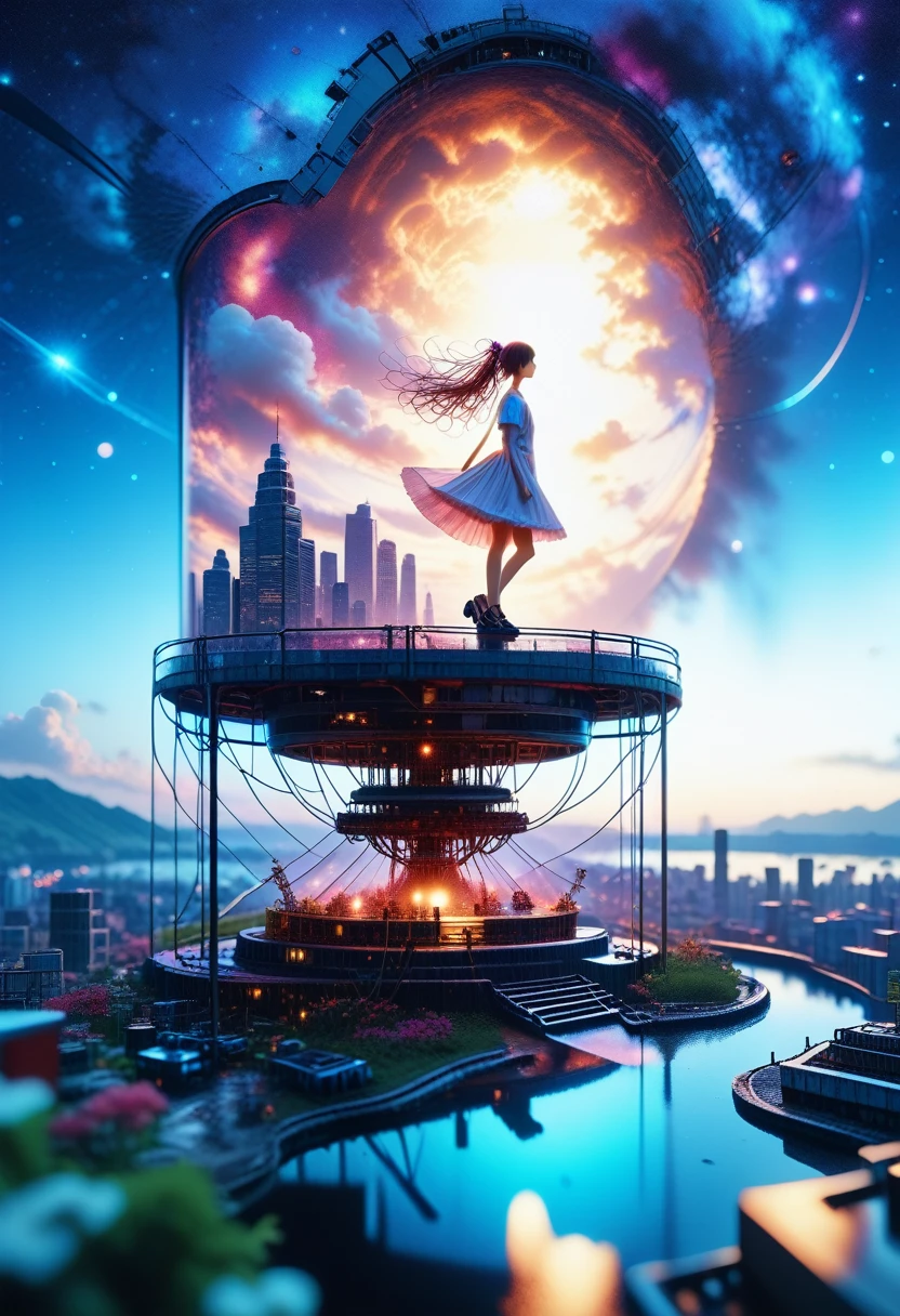 Best quality, masterpiece, extremely detailed, detailed background, anime, 1 girl, young girl, short girl, Science fiction, Science fiction, outdoors, Night, starry sky, greenhouse, megastructure, biodome, landscape, sceneryhorizon, roof, sitting on roof, wind, looking away, Atmospheric lighting, just concentrate, close, from the side, depth of field, hips