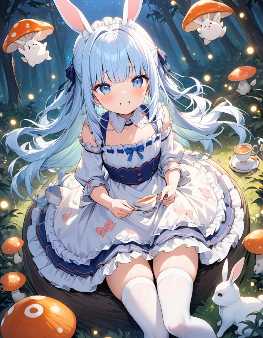 Masterpiece Best Quality, Very detailed, (shape, Official Art:1.1), 1 girl ,(((( light blue Long Hair)))), ,(((( light blue Long Hair)))),Light blue hair, , Long Hair (()) , Cute face, Big eyes, Masterpiece Best Quality,(((((Very delicate and beautiful girl))))),wonderful,Beautiful detailed eyes,Blunt bangs((((A small and delicate girl)))),tears(True Beauty:1.2), Depth,Dynamic Angle,,,, A kind smile, (True Beauty:1.2),,(Girl model:1.2),)(Flat Chest),Wearing a light blue off-the-shoulder puffy sleeve dress and knee-length white boots、Under the stars、Sitting in the forest next to an orange mushroom surrounded by fireflies。  blue eyes, rabbit, Trump, Teacup, White lace thigh-high socks, Miniskirt lift, half bodyダイナミックなポーズ、Tie your hair with a ribbon、wonderful、、rabbit, White apron, 