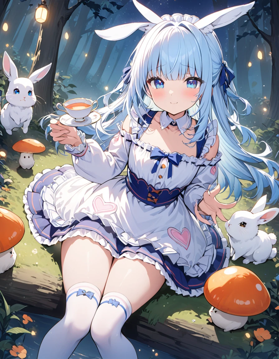 Masterpiece Best Quality, Very detailed, (shape, Official Art:1.1), 1 girl ,(((( light blue Long Hair)))), ,(((( light blue Long Hair)))),Light blue hair, , Long Hair (()) , Cute face, Big eyes, Masterpiece Best Quality,(((((Very delicate and beautiful girl))))),wonderful,Beautiful detailed eyes,Blunt bangs((((A small and delicate girl)))),tears(True Beauty:1.2), Depth,Dynamic Angle,,,, A kind smile, (True Beauty:1.2),,(Girl model:1.2),)(Flat Chest),Wearing a light blue off-the-shoulder puffy sleeve dress and knee-length white boots、Under the stars、Sitting in the forest next to an orange mushroom surrounded by fireflies。  blue eyes, rabbit, Trump, Teacup, White lace thigh-high socks, Miniskirt lift, half bodyダイナミックなポーズ、Tie your hair with a ribbon、wonderful、、rabbit, White apron, 