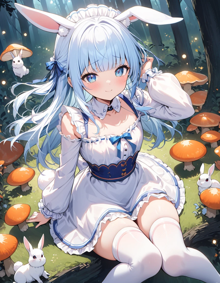 Masterpiece Best Quality, Very detailed, (shape, Official Art:1.1), 1 girl ,(((( light blue Long Hair)))), ,(((( light blue Long Hair)))),Light blue hair, , Long Hair (()) , Cute face, Big eyes, Masterpiece Best Quality,(((((Very delicate and beautiful girl))))),wonderful,Beautiful detailed eyes,Blunt bangs((((A small and delicate girl)))),tears(True Beauty:1.2), Depth,Dynamic Angle,,,, A kind smile, (True Beauty:1.2),,(Girl model:1.2),)(Flat Chest),Wearing a light blue off-the-shoulder puffy sleeve dress and knee-length white boots、Under the stars、Sitting in the forest next to an orange mushroom surrounded by fireflies。  blue eyes, rabbit, Trump, Teacup, White lace thigh-high socks, Miniskirt lift, half bodyダイナミックなポーズ、Tie your hair with a ribbon、wonderful、、rabbit, White apron, 