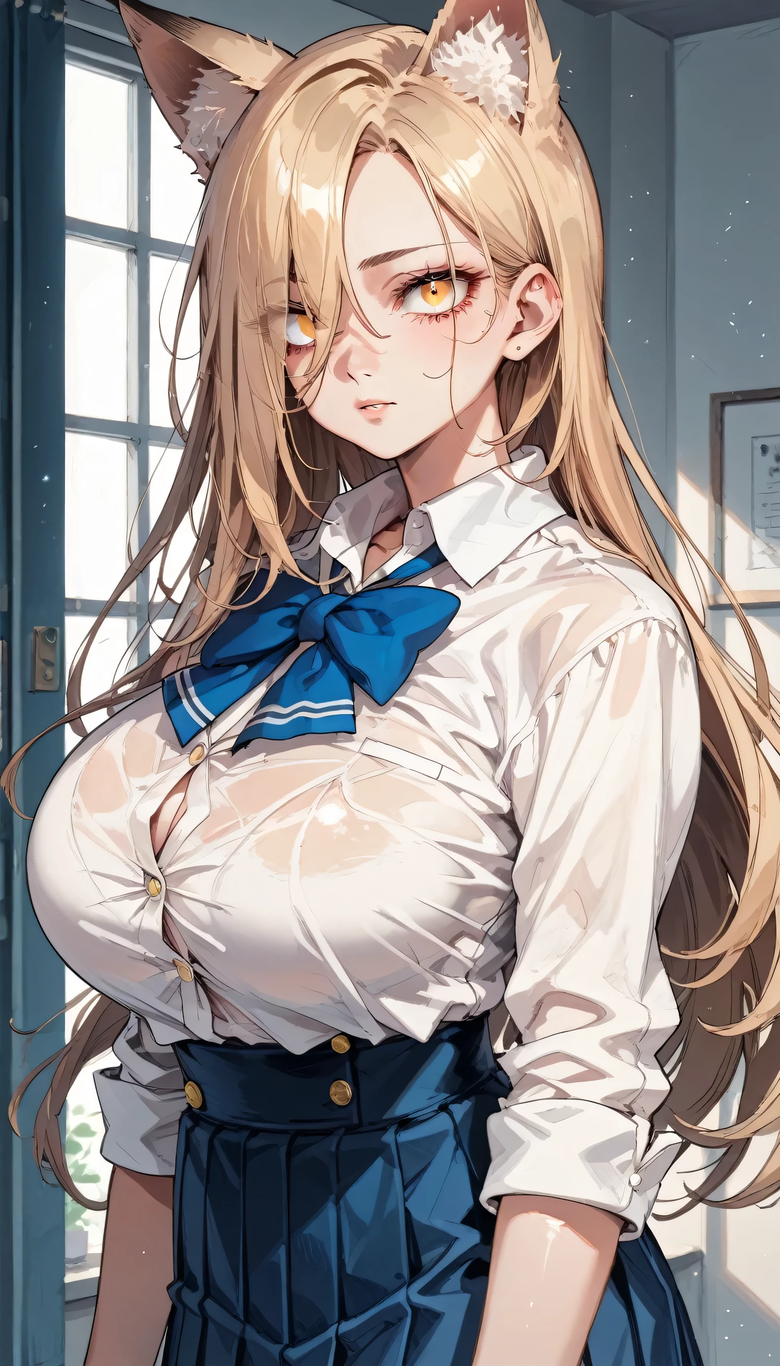 Cold Stare,(hi-quality,high resolution),(Fox Ears),(forehead,long hair over one eye),((((long slit eyes)))),((side parted hair)),((oblong face)),((huge breasts)),(((very narrow eyes)))((,Clear Eyes,Perfect Eyes,clear lines)),Blonde,Long Hair,Old room,Magic School Uniform,Delinquent Girl,gal,mini skirt, clothes are exposed,((anime))