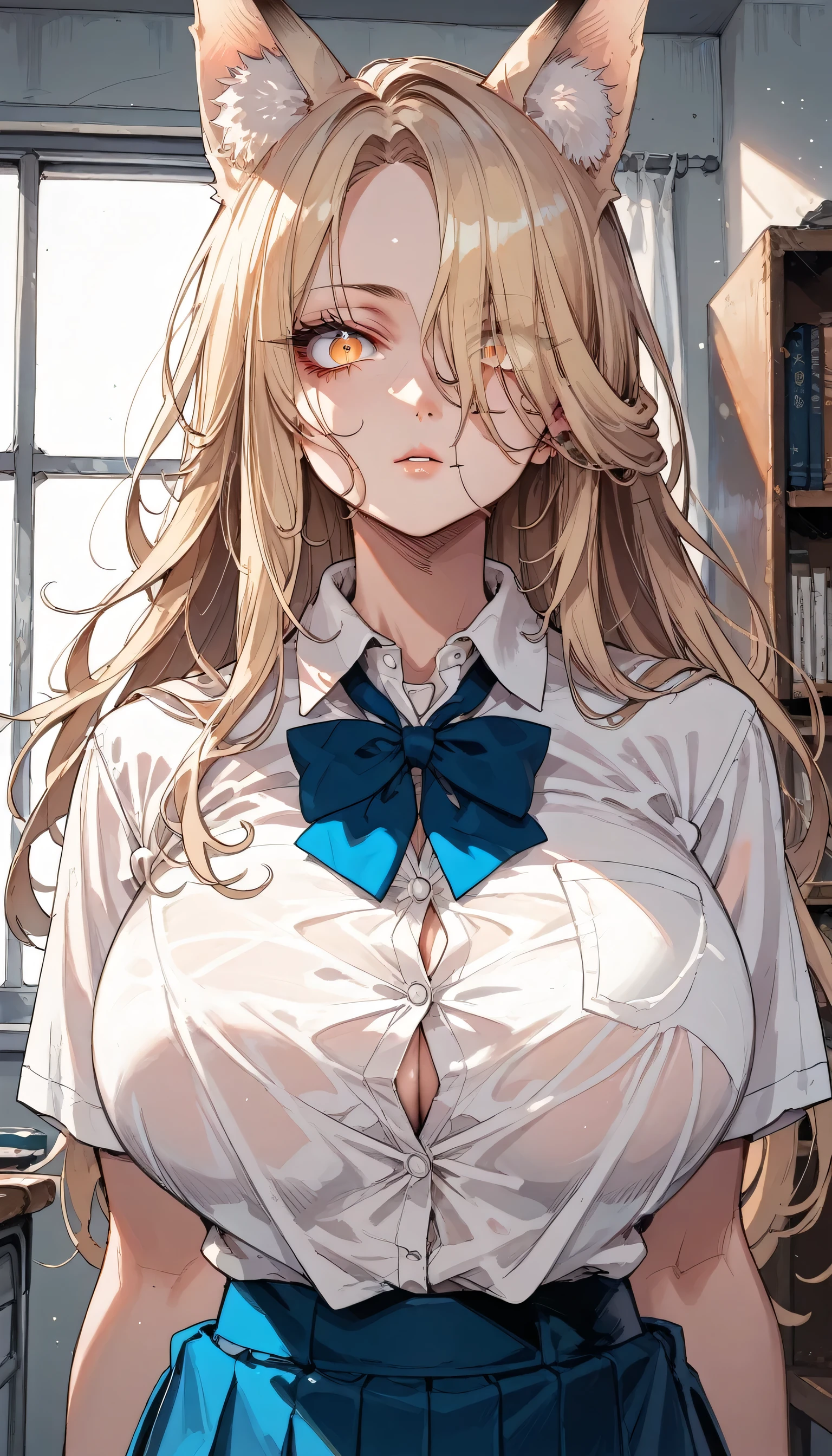 Cold Stare,(hi-quality,high resolution),(Fox Ears),(forehead,long hair over one eye),((((long slit eyes)))),((side parted hair)),((oblong face)),((huge breasts)),(((very narrow eyes)))((,Clear Eyes,Perfect Eyes,clear lines)),Blonde,Long Hair,Old room,Magic School Uniform,Delinquent Girl,gal,mini skirt, clothes are exposed,((anime))