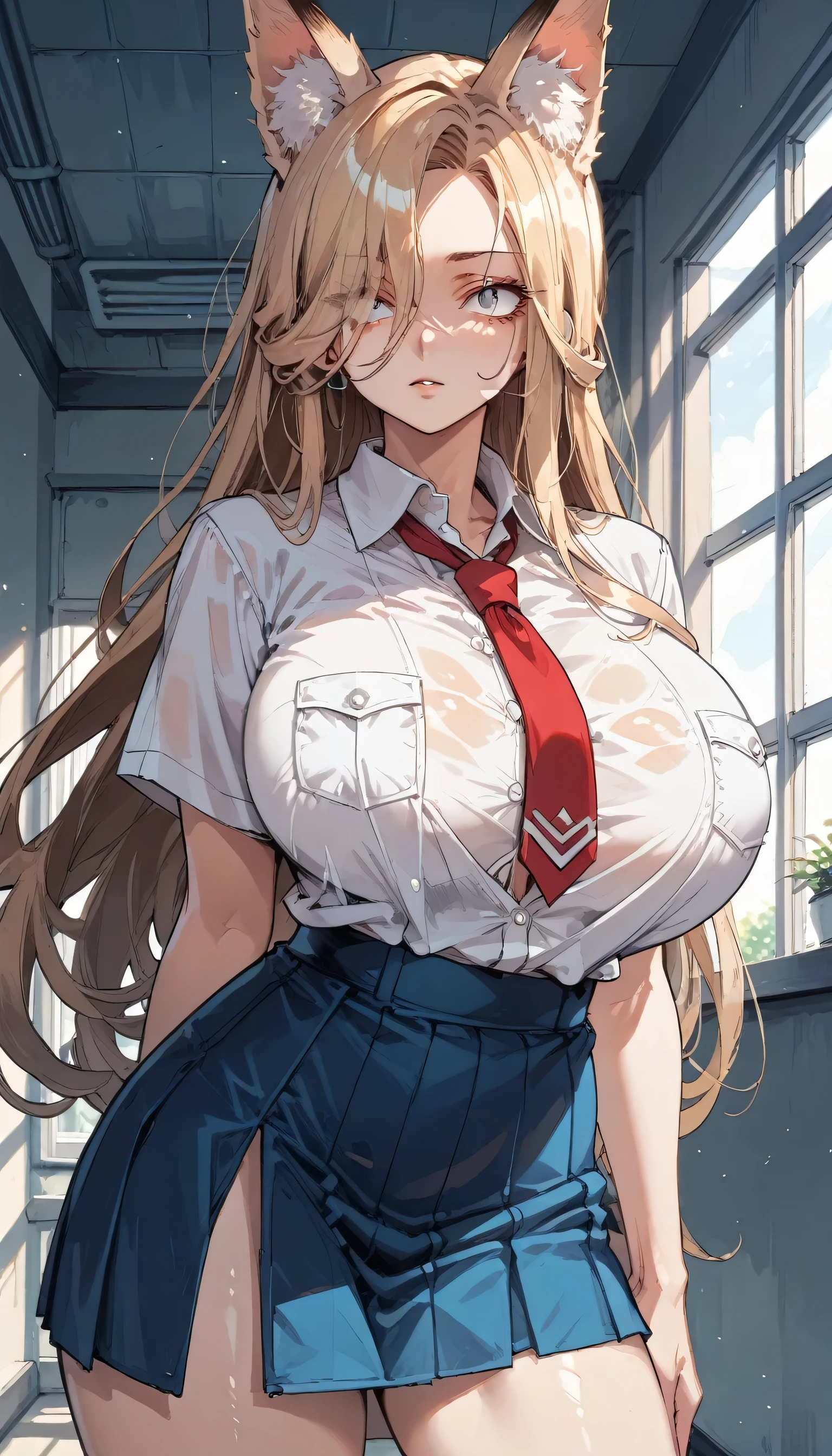 Cold Stare,(hi-quality,high resolution),(Fox Ears),(forehead,long hair over one eye),((((long slit eyes)))),((side parted hair)),((oblong face)),((huge breasts)),(((very narrow eyes)))((,Clear Eyes,Perfect Eyes,clear lines)),Blonde,Long Hair,Old room,Magic School Uniform,Delinquent Girl,gal,mini skirt, clothes are exposed,((anime))