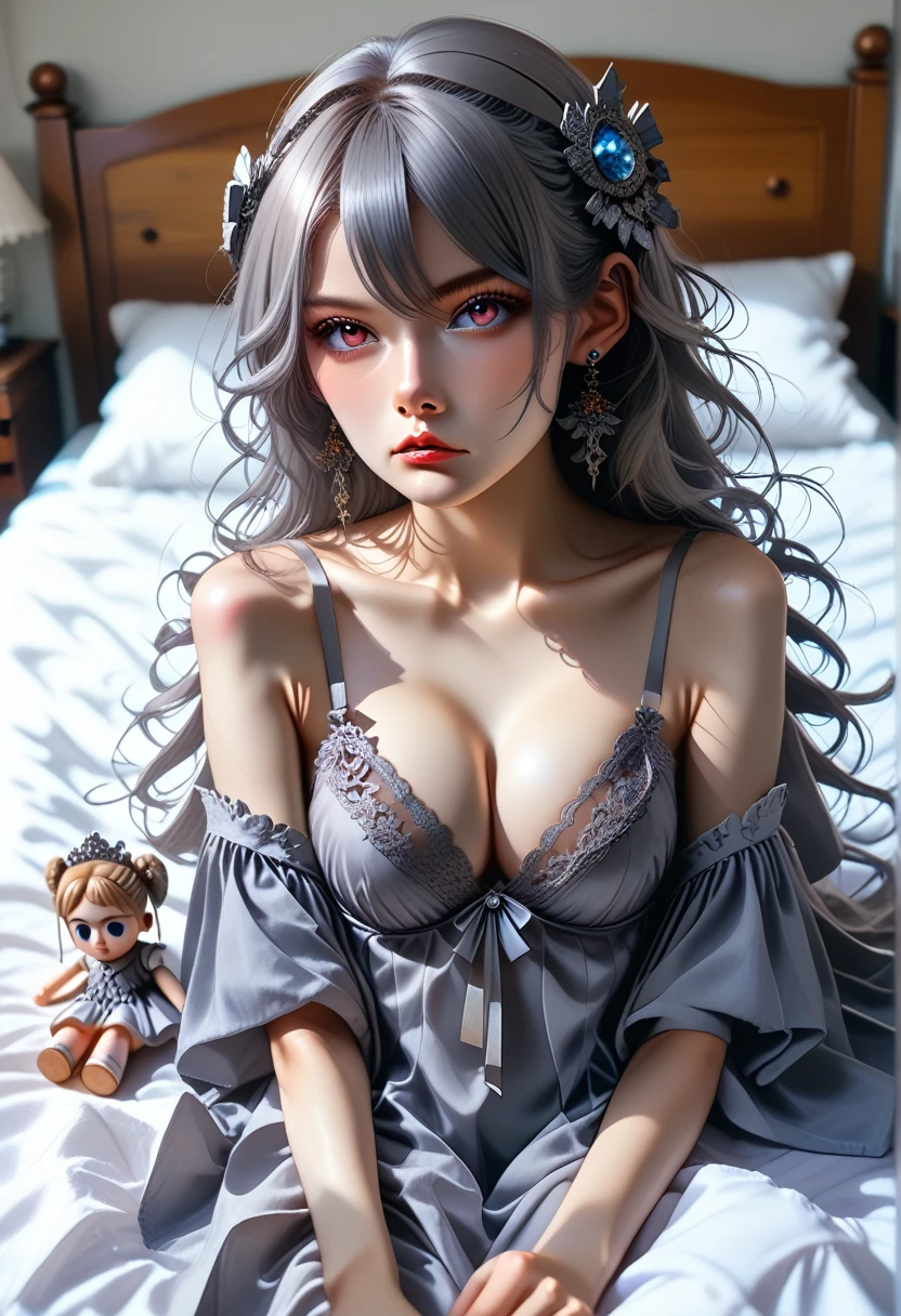 (realistic painting style:0.9), masterpiece, Best quality,  absurdity, looking at viewer, One, (grey doll:1.5),  bronya zaychik, red pupils, big breasts, Long hair, gray hair, bang, gray eyes, earrings, drill hair, hair between the eyes, hair decoration, (doll:1.3), transparent, bed, dispassionate