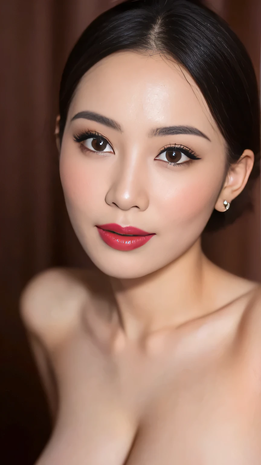 ((Realistic lighting, Best quality, 8K, Masterpiece: 1.3)), Clear focus: 1.2, 1 indonesian girl, ta , Perfect body, chubby girl 40 Years Old, beauty nude, naked, (nude, medium saggy breasts: 1.3),  lace material, (indoor, night: 1.1), porn studio background, Super fine face, fine eyes, double eyelids, naughty smile, sexy seducing close up pose, purple Lipstick, Sensual Lipstick, Sensational Make up 