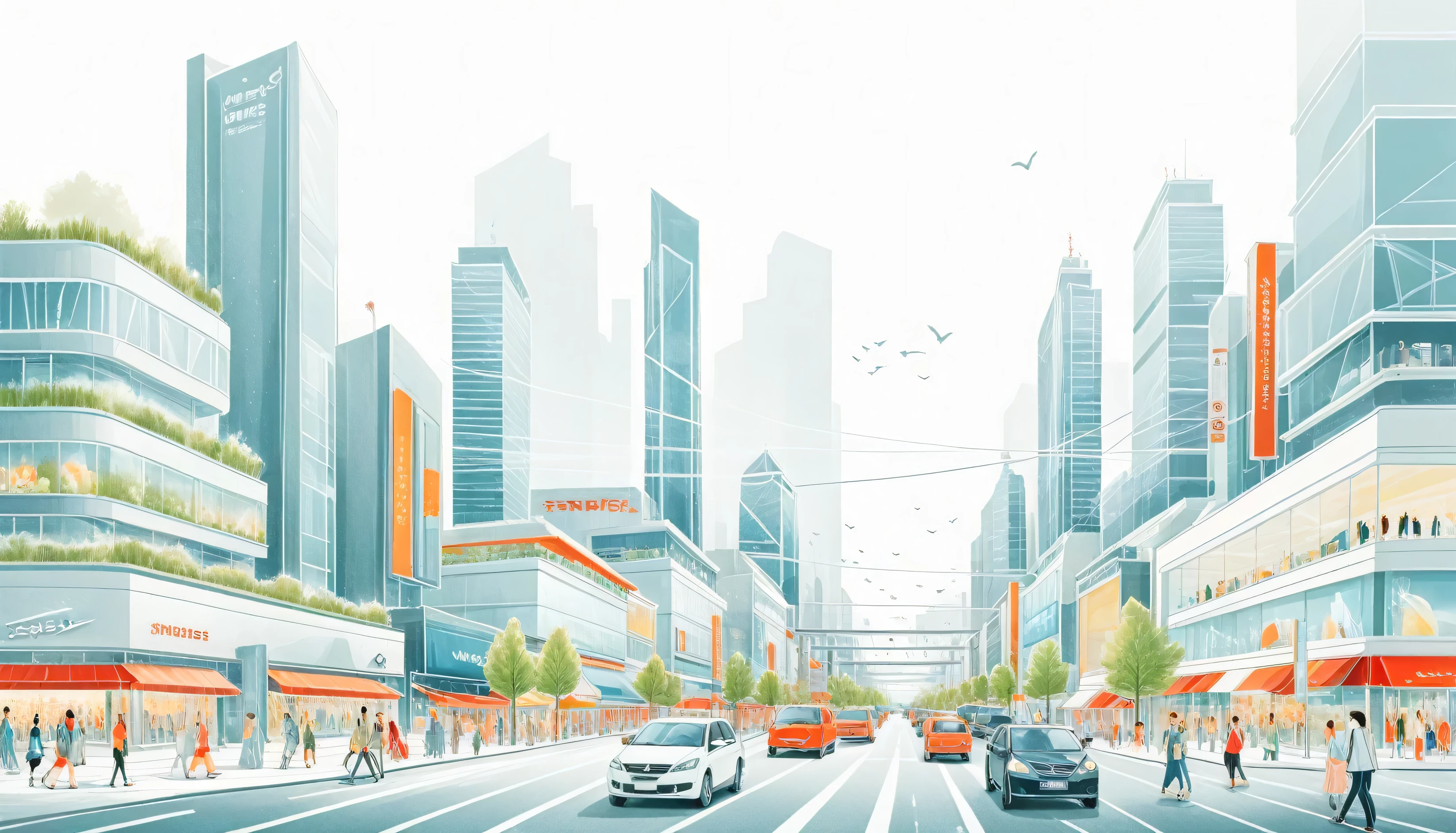 City streets with traffic，Modern shopping street，Modern Architecture，Mainly line illustrations，Simplicity，Overlooking