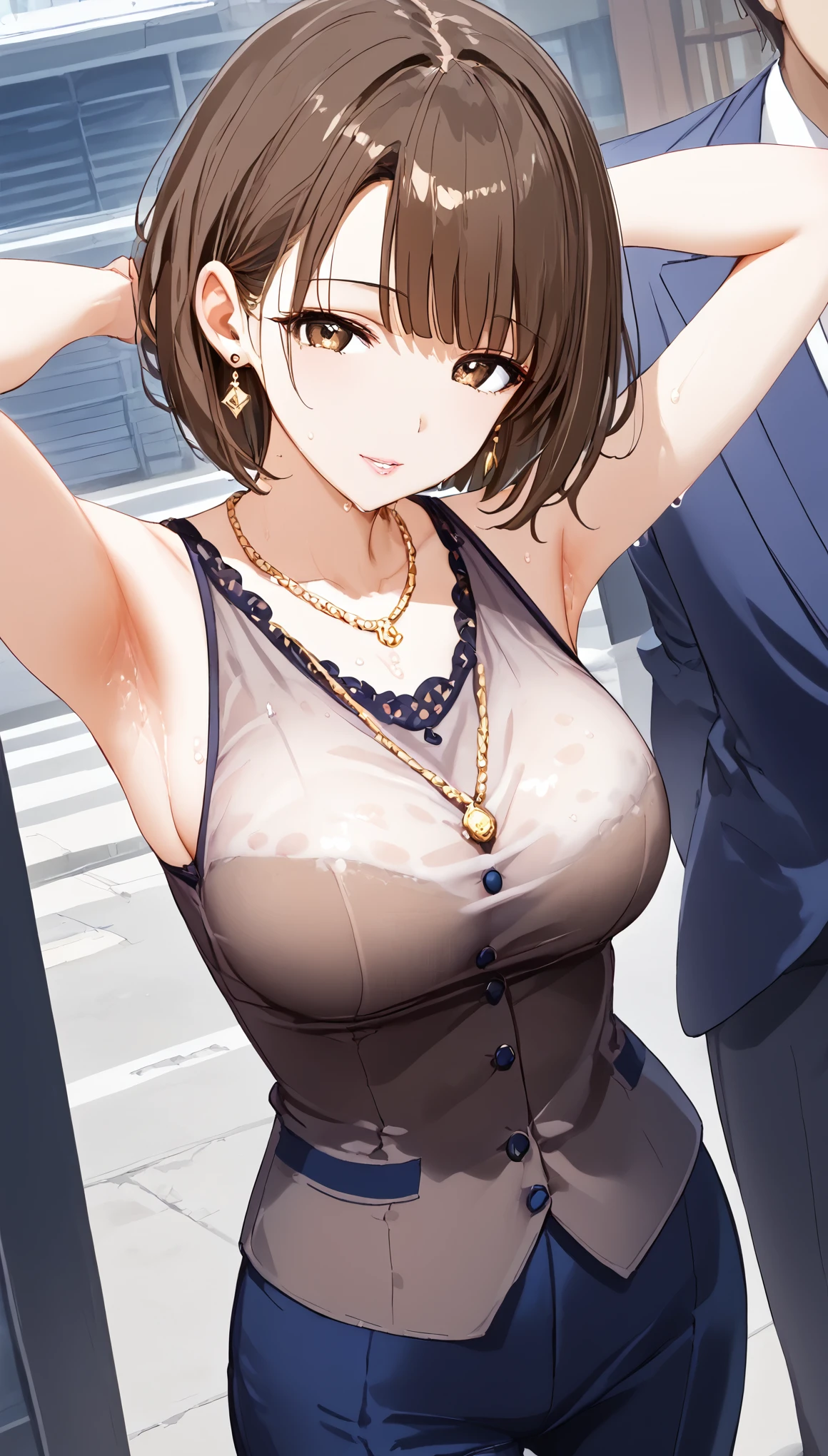 Sleeveless,Armpit Show,See-through clothing,Wet,Best Quality,super high quality,Scaling up,Breast Augmentation,woman,成熟したwoman,4,Formal Wear,Light pink lip,Earrings,necklace,Brown eyes,Bob Hair,Dark Brown Hair,big,Above ground,Standing,storehouse,