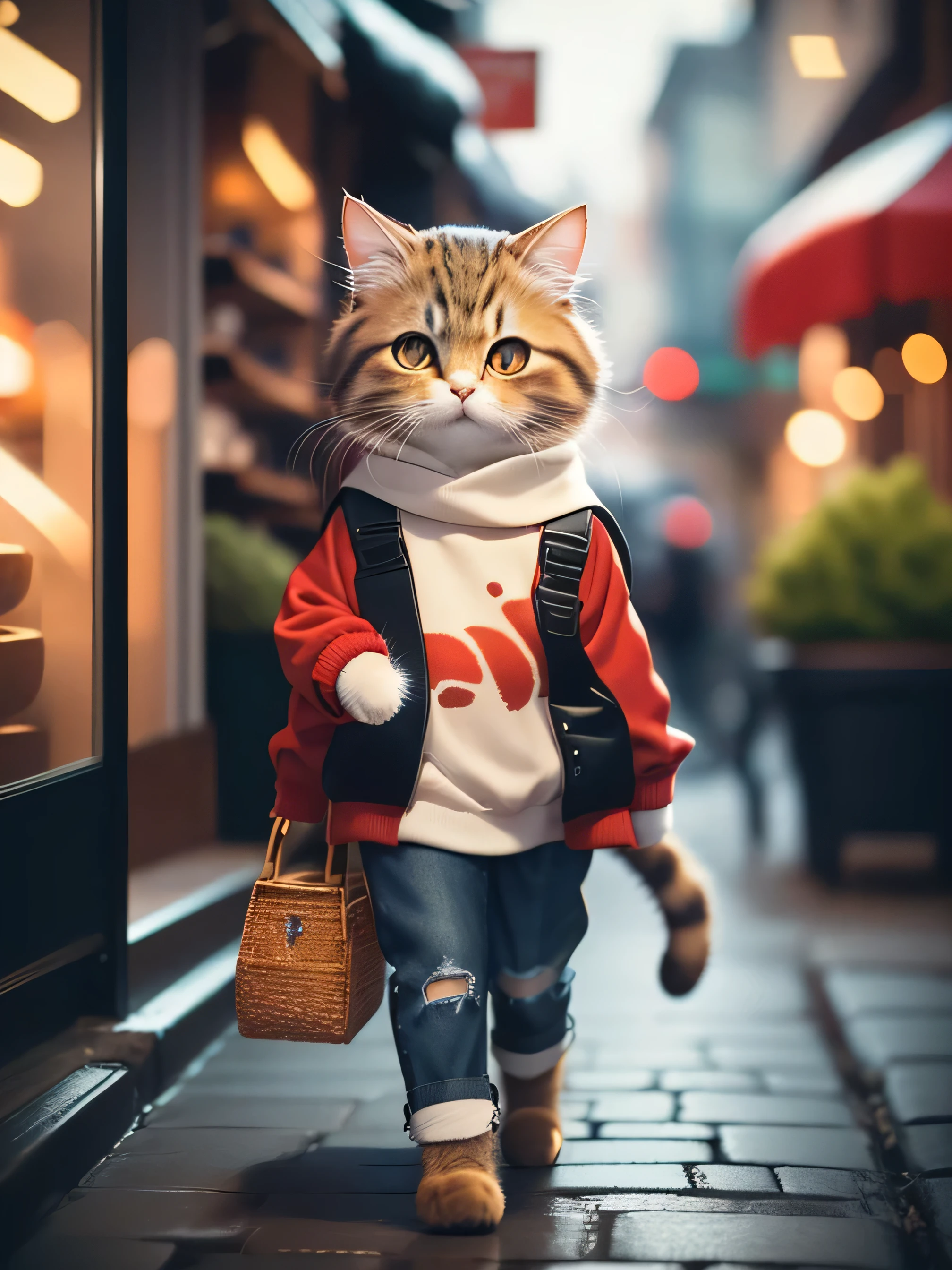 fluffy brown cat, highly detailed cat and fur, wearing slim  black  jeans,red pulover, roaming in street, highly detailed image, kodak 400, atmospheric light, 50mm lens, (detailed eyes and features of cat) realistic cat, 8k,looking into camera