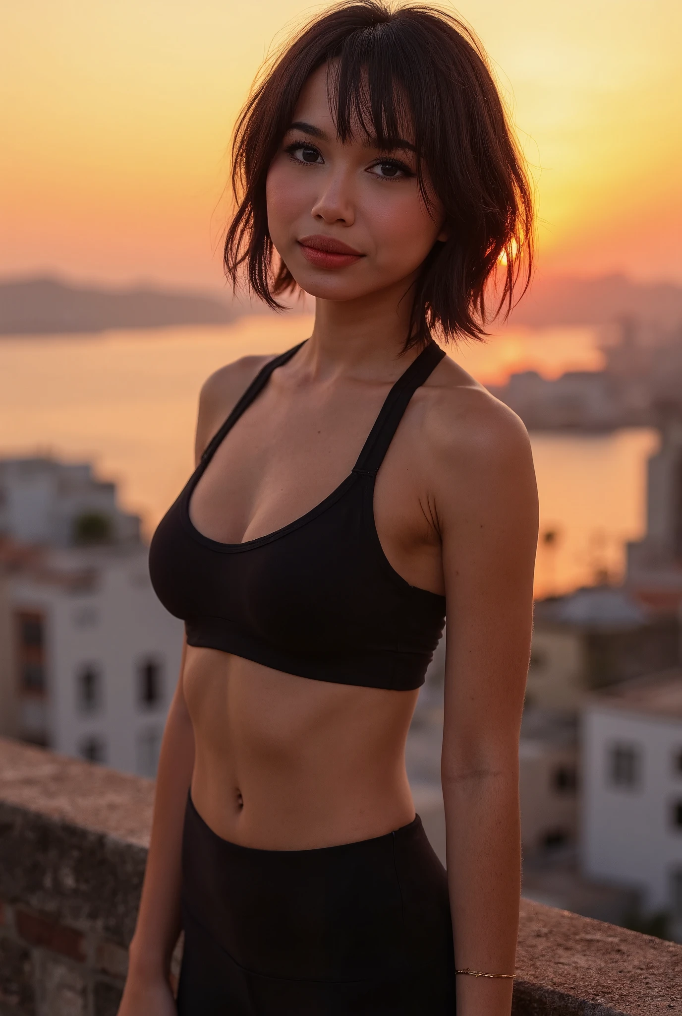 (masterpiece, best quality, high resolution:1.2), (seductive pose:1.2), (dynamic angle), ((close body shot)), detailed background, HDR, shot on Canon 5D Mark II, depth of field, lifelike texture, detailed face, detailed eyes, detailed skin, extremely detailed, intricate details, (1girl, 1), solo, realistic, lips, nice short bangs black hair, brown eyes, looking at viewer, slight smile, ((tight sport suit)), tight leggings, sneakers, scenery, outdoor, sunset,