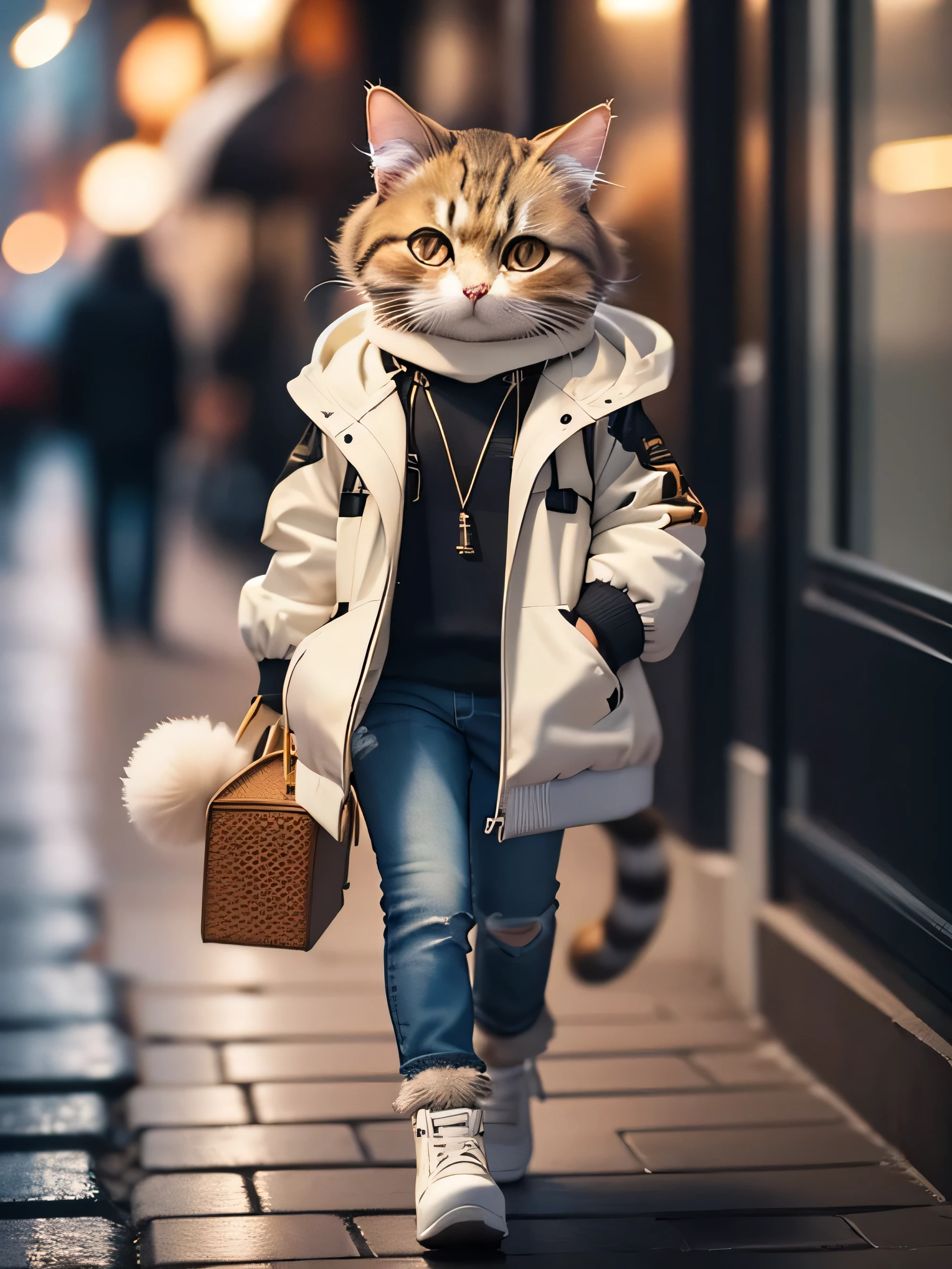 fluffy brown cat, highly detailed cat and fur, wearing slim black jeans,white jacket , roaming in street, highly detailed image, kodak 400, atmospheric light, 50mm lens, (detailed eyes and features of cat) realistic cat, 8k,looking into camera