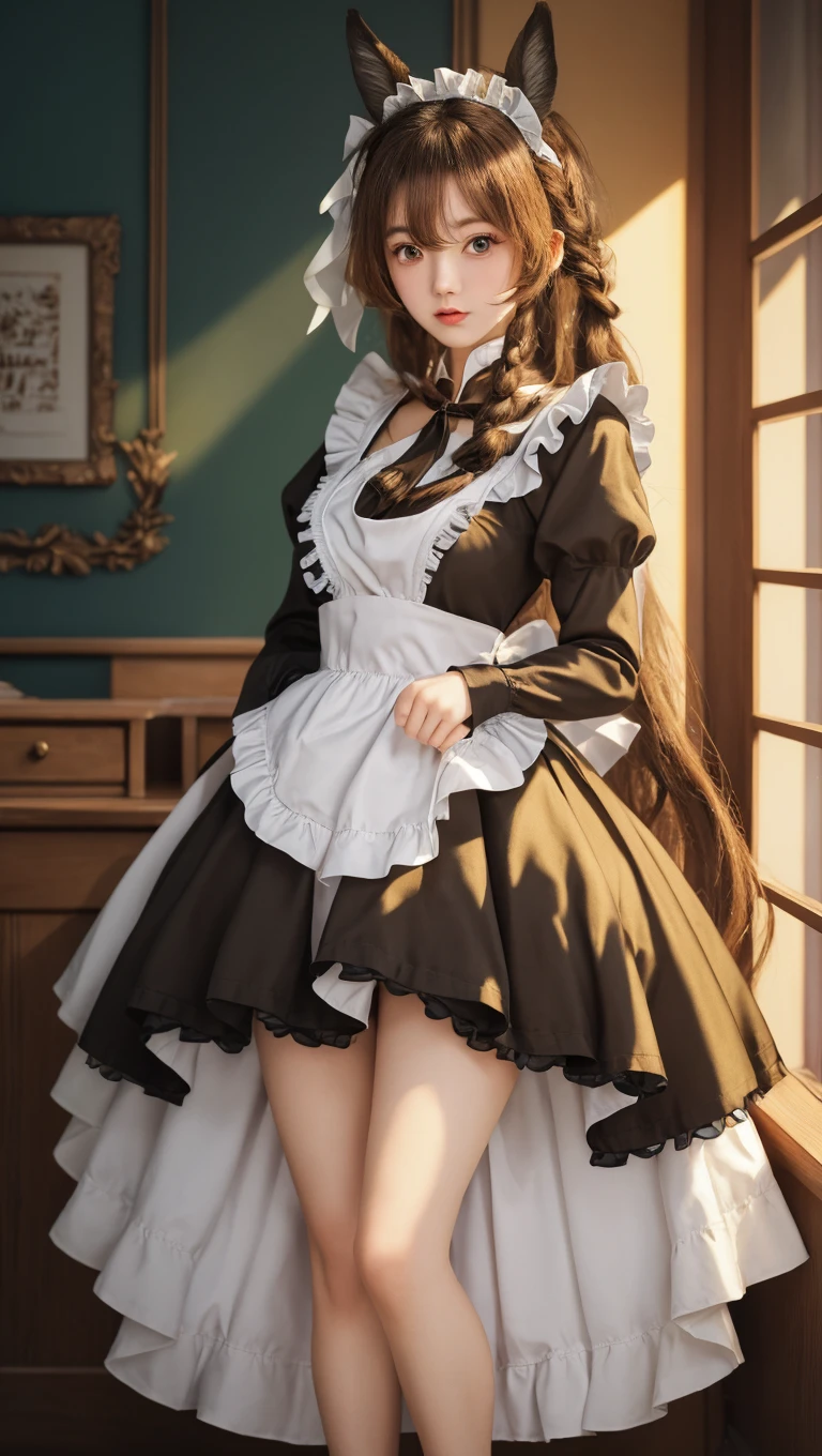 (Masterpiece, Top Quality, Best Quality, Official Art, Beauty and Aesthetics: 1.2), A lovely young girl with Victorian hair, a pair of goat horns with bell decoration, beautiful innocent eyes, wearing a rococo dress and black stockings, full body photo, extremely detailed, (fractal art: 1.3), colorful, most detailed