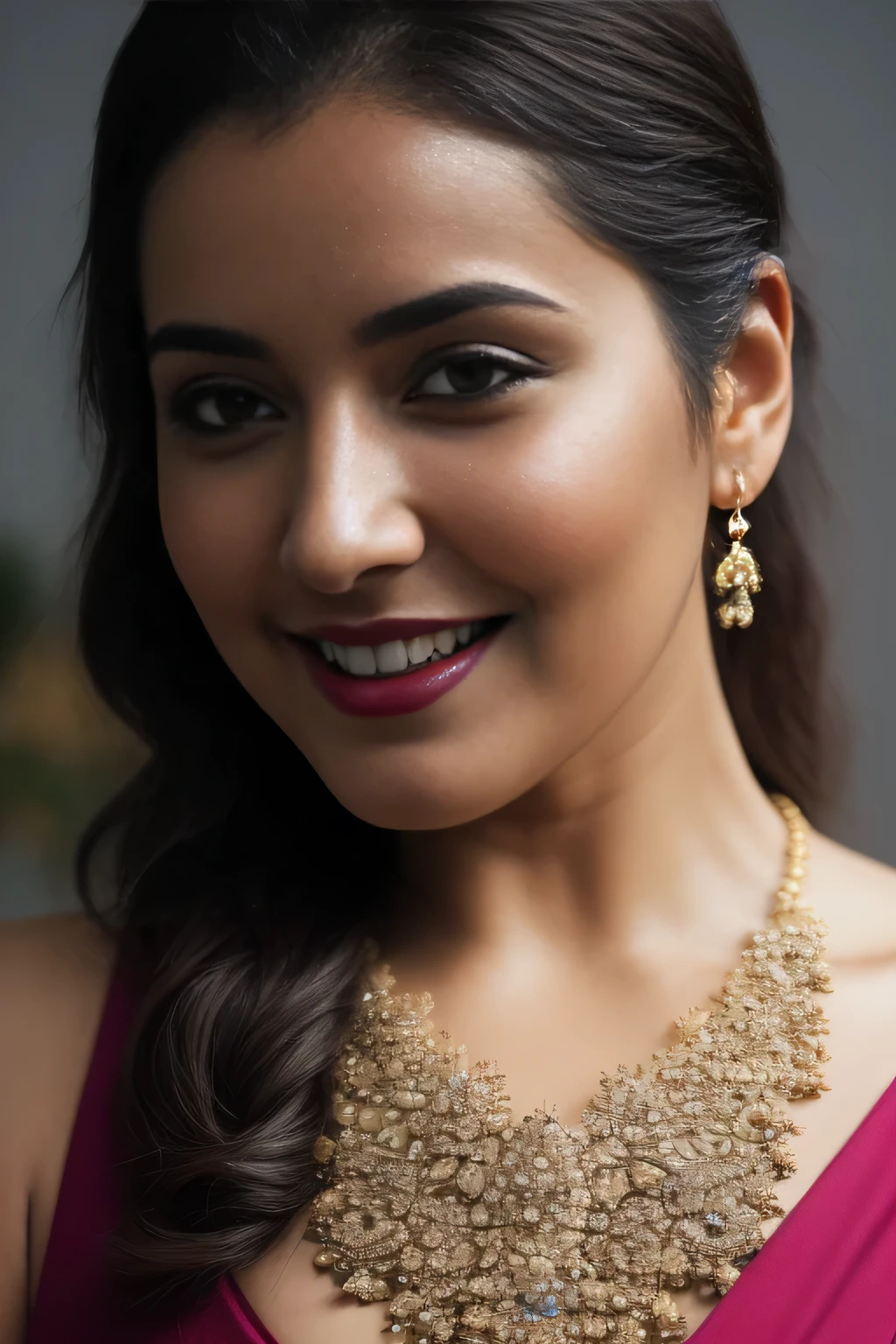 Nsfw, day scene, angle from below, close up photo of naked (Rashi Khanna:0.1), Hollywood lips, magenta lipstick, sensual Lipstick, Sensational Make up, white bra, navel, perfect breasts, seducing in a office, hourglass figure, armpits, (blue eyes:1), french braid hair, necklace, 30 yo, look at viewer and smile, (cinematic:1.3), intricate details, (ArtStation:1.2)