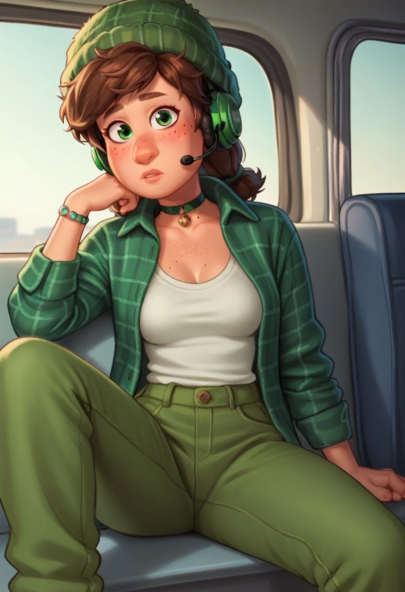 Miriam, 

green eyes, fur hat, headphones, choker, open green plaid shirt, white shirt, green pants, 

score_9, score 8, score 7, score 6,

1 girl, freckled, freckled chest, medium breasts, 

looking at the viewer, sitting on the bus, spreading his legs,