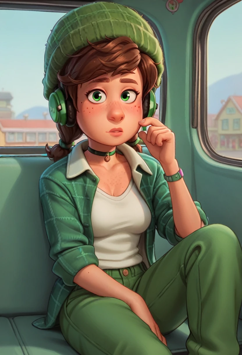 Miriam, 

(((little body))), tiny , green eyes, fur hat, headphones, choker, open green plaid shirt, white shirt, green pants, 

score_9, score 8, score 7, score 6,

1 girl, freckled, freckled chest, medium breasts, 

looking at the viewer, sitting on the bus, spreading his legs,