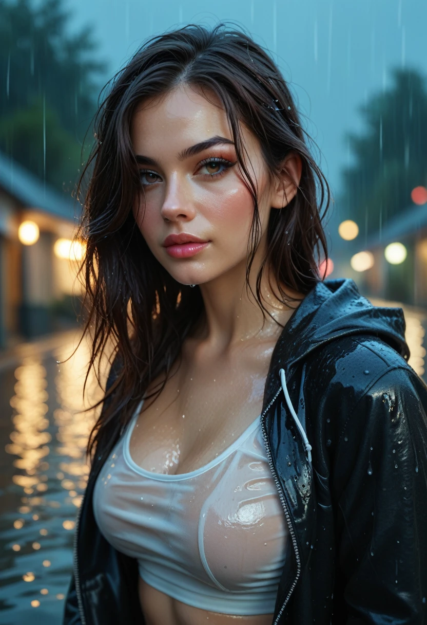 Extreme realistic depiction of a Wet Beauty Under Night Rain, in upper body shot, curvaceous glamorous body, hair hair over one eye,  extremely wet, realistic wet skin texture, realistic wet clothing heavy rain, realistic fabric texture, casual shirt and a spider-man hooded jacket,  crop top, adjusting her wet hair, head tilted slightly down.

Show a few wet hair flyaways around her face, catching the light and adding a natural, slightly messy look.detailed iris patterns in her eyes, with subtle color variations and a bright highlight, glossy texture to her nails, with soft reflections and a natural curve, adding to the overall wet appearance.

Leaning forward slightly with her hand resting on her chin, looking straight ahead with a thoughtful expression.