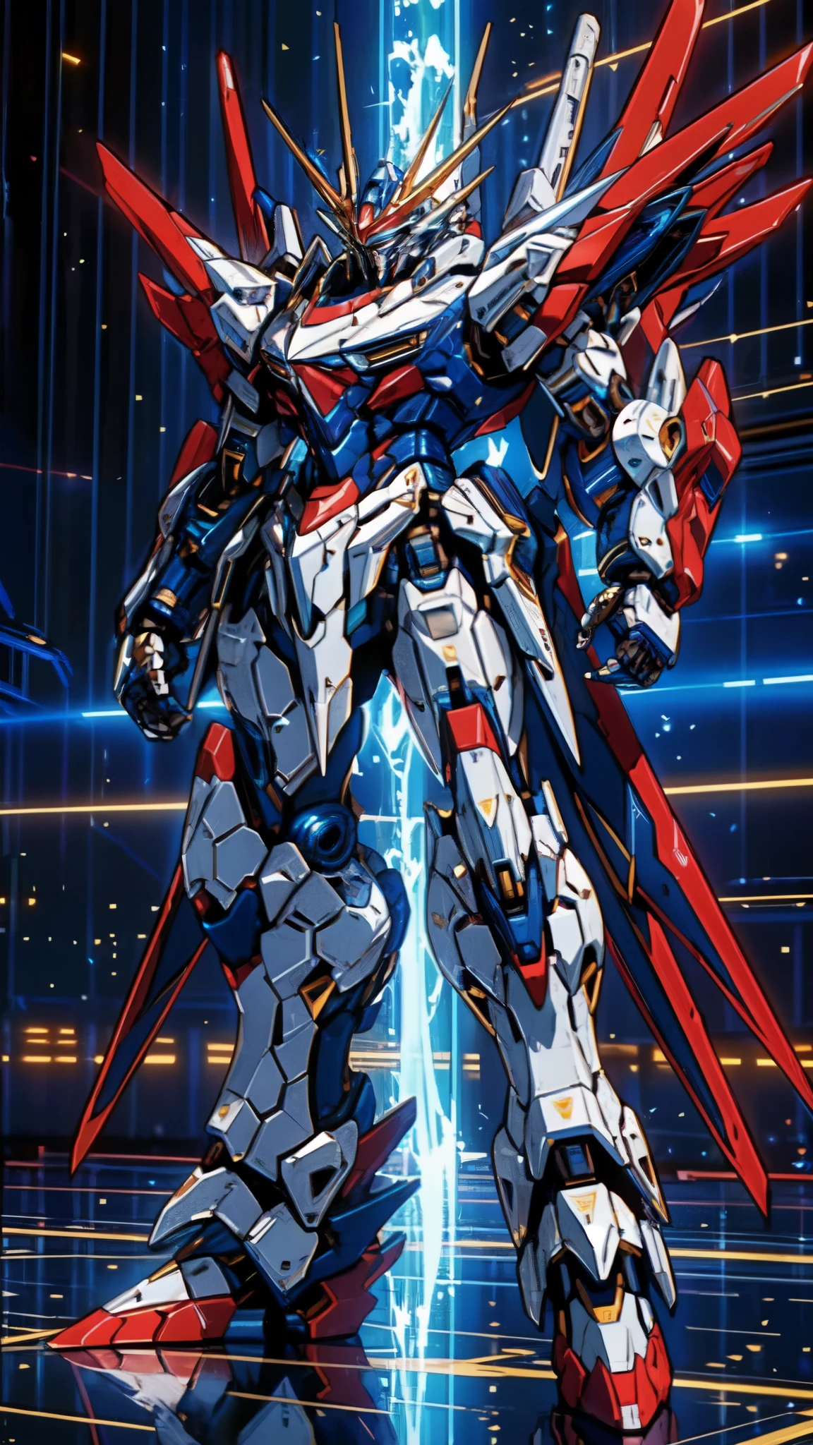 (masterpiece:1.5, best quality:1.5, extremely delicate:1.5), (male:1.5), humanoid Mecha, fully enclosed shoulder guards, matching arm and leg guards, full body, full armor, the design balances heavy with agility, (the color scheme is primarily White with Red and Blue accents, the concept Inspired by GUNDAM, SRS), organic biotech armor, standing, floating high above the futuristic sci-fi city, exquisite and mature art style, (aura effect, glowing eyes, the armor glows), metallic, dramatic, high definition, highres, ultra-detailed, ultra-fine painting, professional, perfect body proportions, anatomically correct, symmetrical face, extremely detailed eyes and face, high quality eyes, creativity, RAW photo, UHD, 32k, Natural light, cinematic lighting, masterpiece-anatomy-perfect