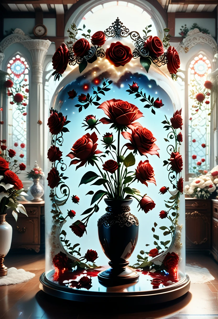 Stunning bouquet of roses and lilies in a ceramic vase, red and white colors, cozy room, garland, open window, moon and stars, evening, comfortable atmosphere  