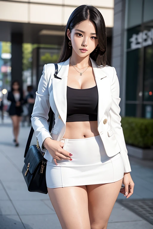 South Korean k pop actress in thick curved thighs in short white short tight blazer and tight half thighs in white tight miniskirt,at outdor,thick body posing ideas, bigg bulging muscular thighs,walking stylish