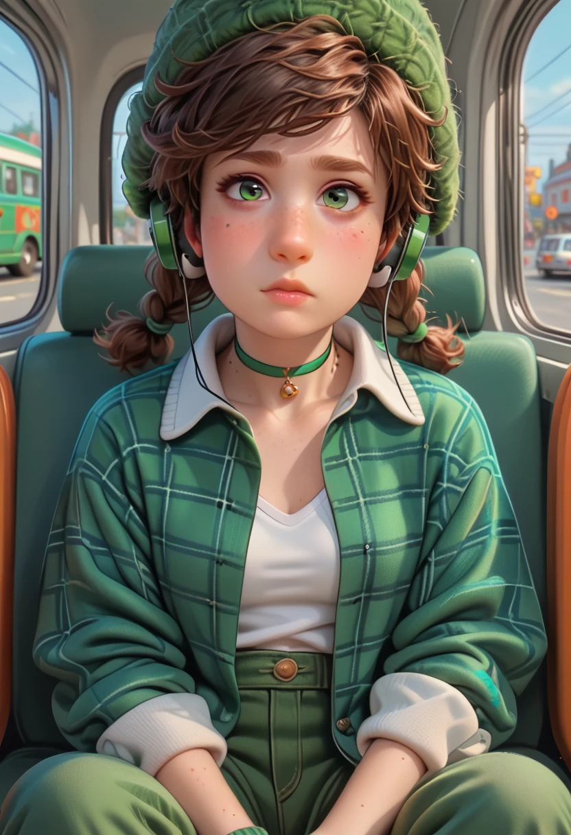 Miriam, 

(((little body))), tiny , green eyes, fur hat, headphones, choker, open green plaid shirt, white shirt, green pants, 

score_9, score 8, score 7, score 6,

1 girl, freckled, freckled chest, medium breasts, 

looking at the viewer, sitting on the bus, spreading his legs,