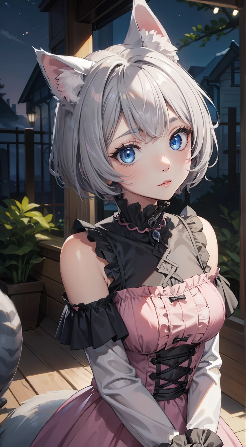 (masterpiece), (best quality), (High quality), high resolution, perfect anatomy, dim light BREAK expressive eyes, perfect face, 1girl, (grey cat ears:1.5), medium hair, (grey hair:1.5), pixie cut, BREAK, (big eyes), (perfect eyes:1.6), ((blue eyes:1.2)), (glowing eyes:1.2), thick eyelashes:1.1, thin eyebrow:1.4, BREAK ( 1.56 cm height), slim bulid, soft smile, medium breasts, BREAK (gothic ta pink dress:1.4), off shoulders dress, long sleeves, bare schoulders BREAK upper body, standing, hands on lap BREAK (view from front:1.5), (head turned left), victorian garden, outdoors, (night:1.7)