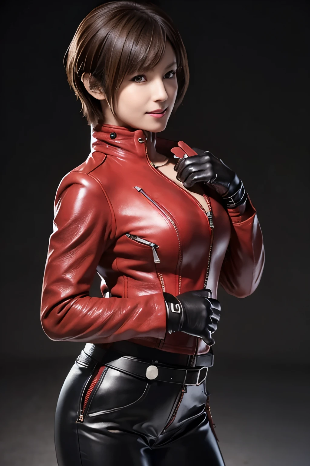 (Realism:1.4),Resident Evil 6,Ada,Short Hair,No background,look at me,A body that makes you want to touch it,foxy make up,Pink Lips,fearless smile,she is Wearing ((long sleeve rider jacket(red leather))(((close the zipper tightly)))) and ((one waist belt)(Black leather)(metal buckle)) and ((Skinny long pants(Black leather))) and ((((gloves)))(black leather)),intelligent and beautiful star model,(chin is thin),Costume made of thick leather fabric, (G cup breasts)(slender body shape) ,younger face,From Side,