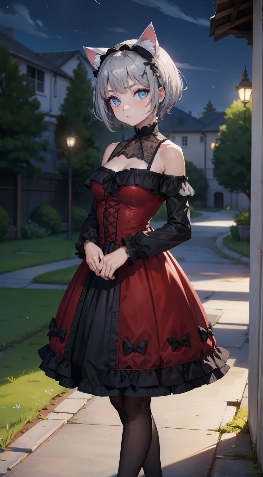 (masterpiece), (best quality), (High quality), high resolution, perfect anatomy, dim light BREAK expressive eyes, perfect face, 1girl, (grey cat ears:1.5), medium hair, (grey hair:1.5), pixie cut, BREAK, (big eyes), (perfect eyes:1.6), ((blue eyes:1.2)), (glowing eyes:1.2), thick eyelashes:1.1, thin eyebrow:1.4, BREAK ( 1.56 cm height), slim bulid, soft smile, medium breasts, BREAK (gothic ta red dress:1.4), off shoulders dress, long sleeves, bare schoulders BREAK full body, cinematic shot, standing, hands on lap BREAK (view from front:1.5), (head turned left), victorian garden, outdoors, (night:1.7)