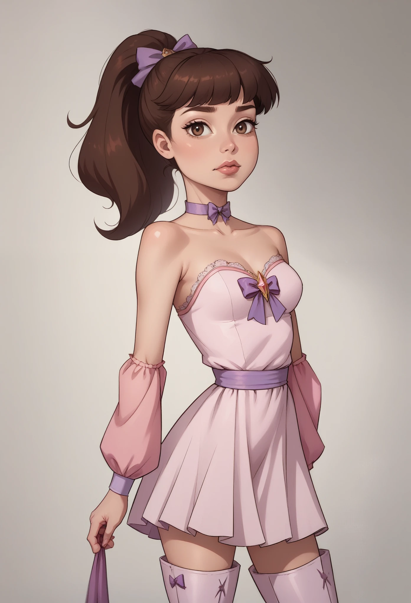 Princess Marco. brown eyes, brown hair, ponytail. small breasts. slim body. choker. bow. princess dress. thigh-high boots. (best quality, photorealistic, 1girl, solo, looking at viewer, , depth of field, (watercolor illustration, soft pastel colors:1.1), realistic,)