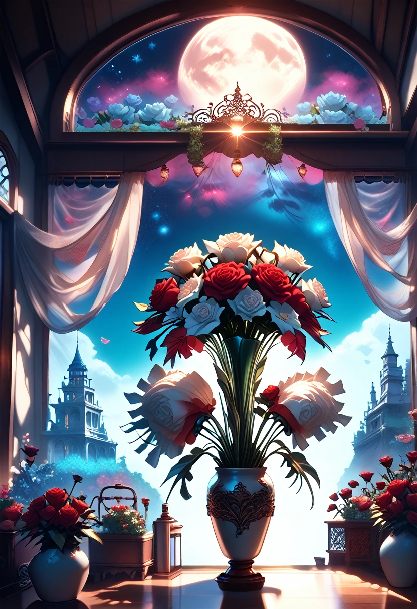 Stunning bouquet of roses and lilies in a ceramic vase, red and white colors, cozy room, garland, open window, moon and stars, evening, comfortable atmosphere  