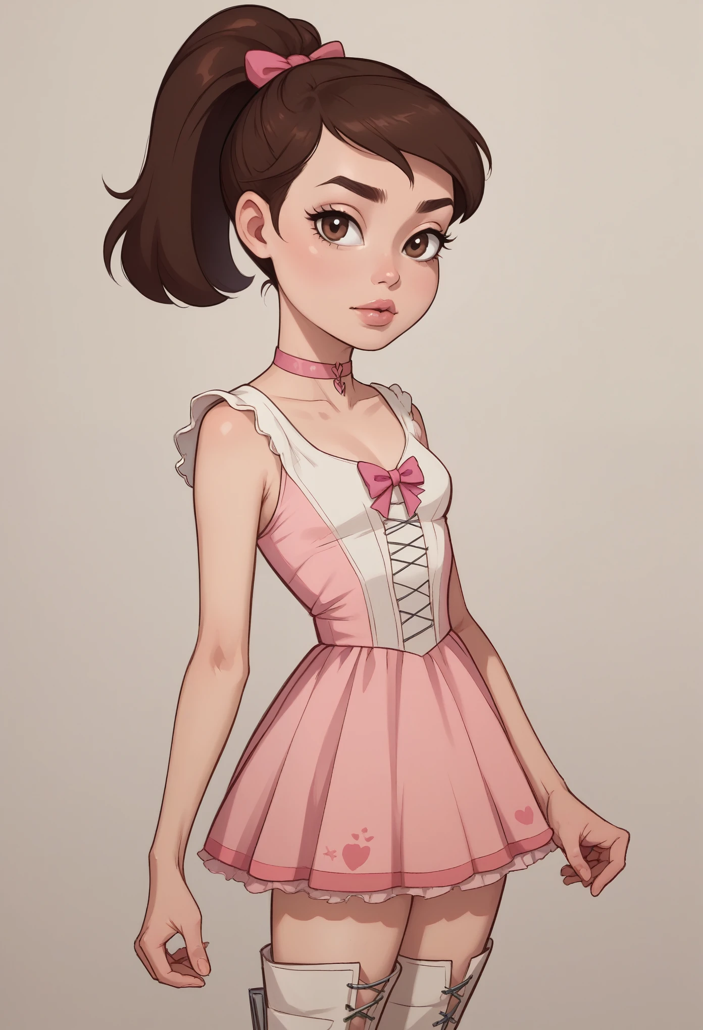 Princess Marco. brown eyes, brown hair, ponytail. small breasts. slim body. choker. bow. princess dress. thigh-high boots. (best quality, photorealistic, 1girl, solo, looking at viewer, , depth of field, (watercolor illustration, soft pastel colors:1.1), realistic,)