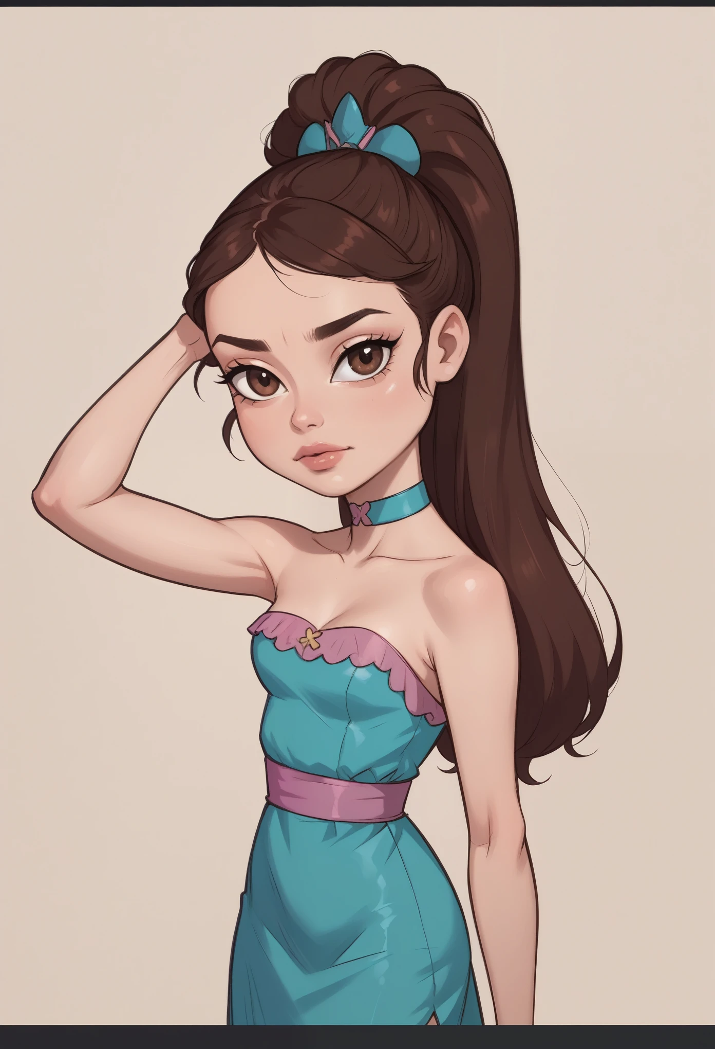 Princess Marco. brown eyes, brown hair, ponytail. small breasts. slim body. choker. bow. princess dress. thigh-high boots. (best quality, photorealistic, 1girl, solo, looking at viewer, , depth of field, (watercolor illustration, soft pastel colors:1.1), realistic,)