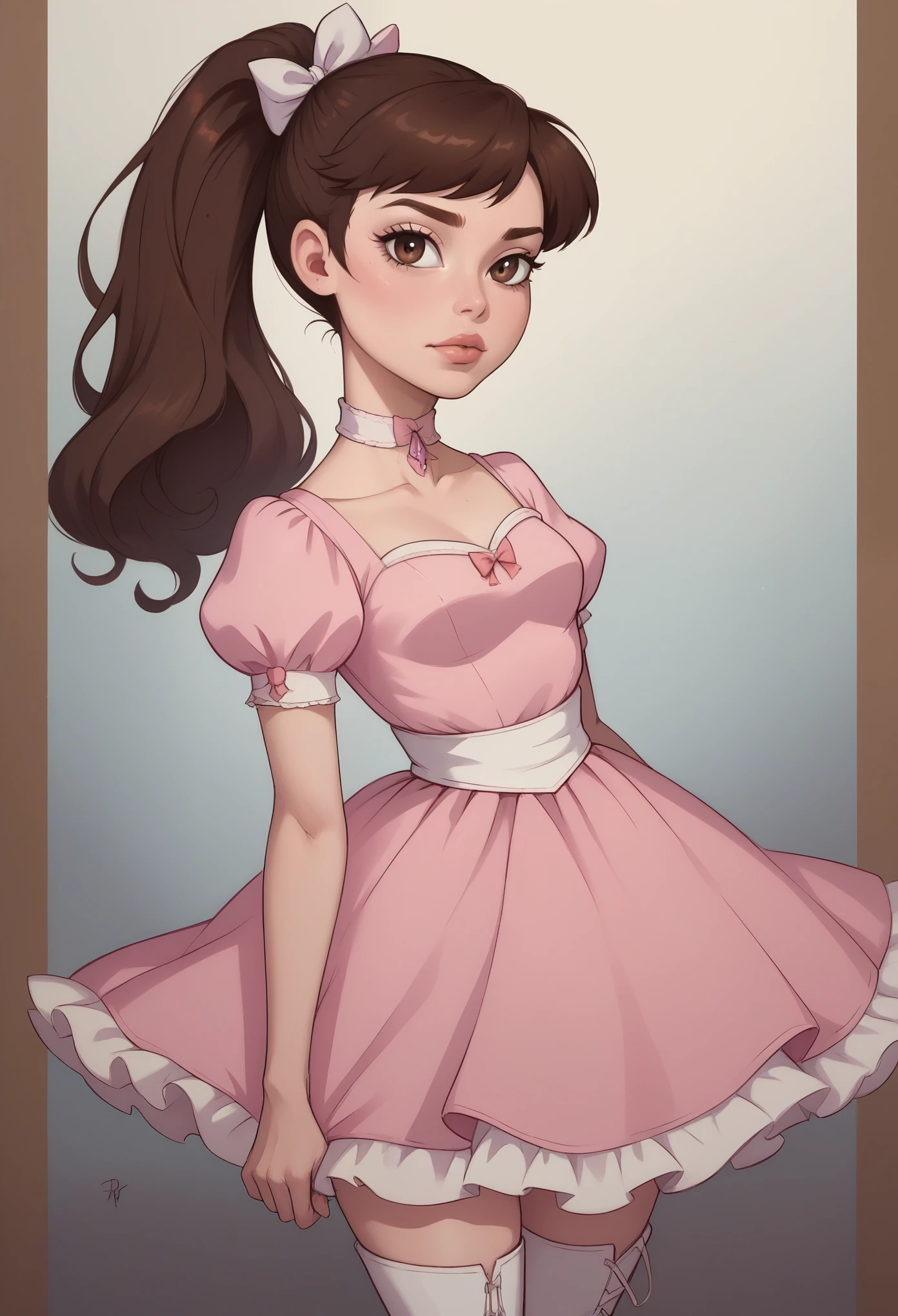 Princess Marco. brown eyes, brown hair, ponytail. small breasts. slim body. choker. bow. princess dress. thigh-high boots. (best quality, photorealistic, 1girl, solo, looking at viewer, , depth of field, (watercolor illustration, soft pastel colors:1.1), realistic,)