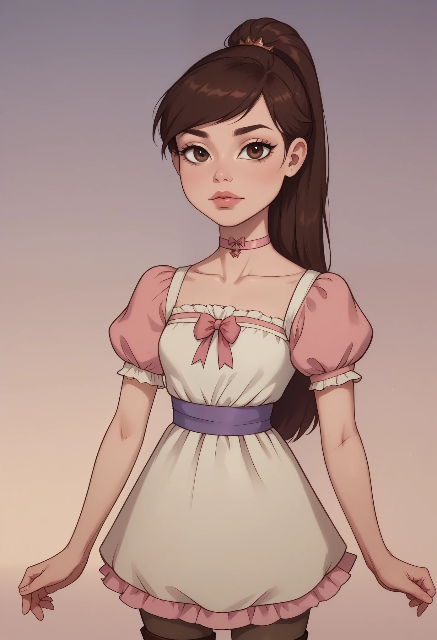 Princess Marco. brown eyes, brown hair, ponytail. small breasts. slim body. choker. bow. princess dress. thigh-high boots. (best quality, photorealistic, 1girl, solo, looking at viewer, , depth of field, (watercolor illustration, soft pastel colors:1.1), realistic,)