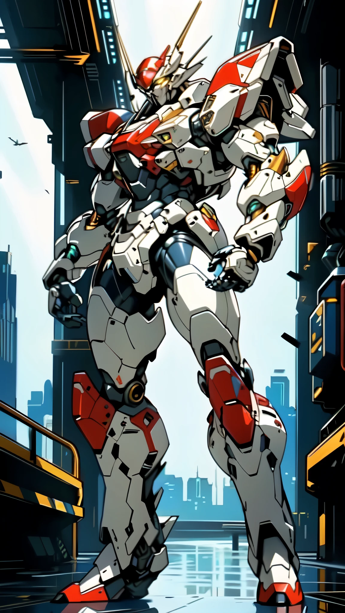 (masterpiece:1.5, best quality:1.5, extremely delicate:1.5), (male:1.5), humanoid Mecha, fully enclosed shoulder guards, matching arm and leg guards, full body, full armor, the design balances heavy with agility, (the color scheme is primarily White with Black and Red accents, the concept Inspired by Robot Anime, ROBOTANIMESTYLE), organic biotech armor, standing, floating high above the futuristic sci-fi city, exquisite and mature art style, (aura effect, glowing eyes, the armor glows), metallic, dramatic, high definition, highres, ultra-detailed, ultra-fine painting, professional, perfect body proportions, anatomically correct, symmetrical face, extremely detailed eyes and face, high quality eyes, creativity, RAW photo, UHD, 32k, Natural light, cinematic lighting, masterpiece-anatomy-perfect