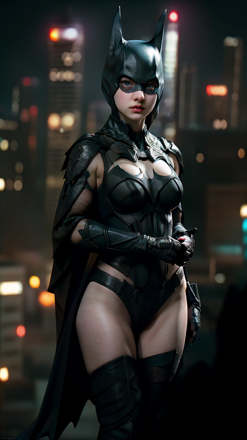 ((masterpiece, highest quality, High resolution, Realistic, to be born, 8k wallpaper)),standing in bikini style, (Standing in honor　shot）,A threatening posture with the body facing the camera, Very hot and sexy, Amazing beauty, Perfect balance, Beautiful body, Slim body beauty: 1.4), Batman standing on a rooftop overlooking the city skyline at night, Gotham city background, nighttime in Gotham city, Gotham city, From the movie Batman, Gotham city double exposure, Gotham city style, Batman film still, metropolis filmic Gotham city, Cyberpunk Batman, Batman movie stills, Batman movie still cinematic, Gotham setting, Batman, Gotham,