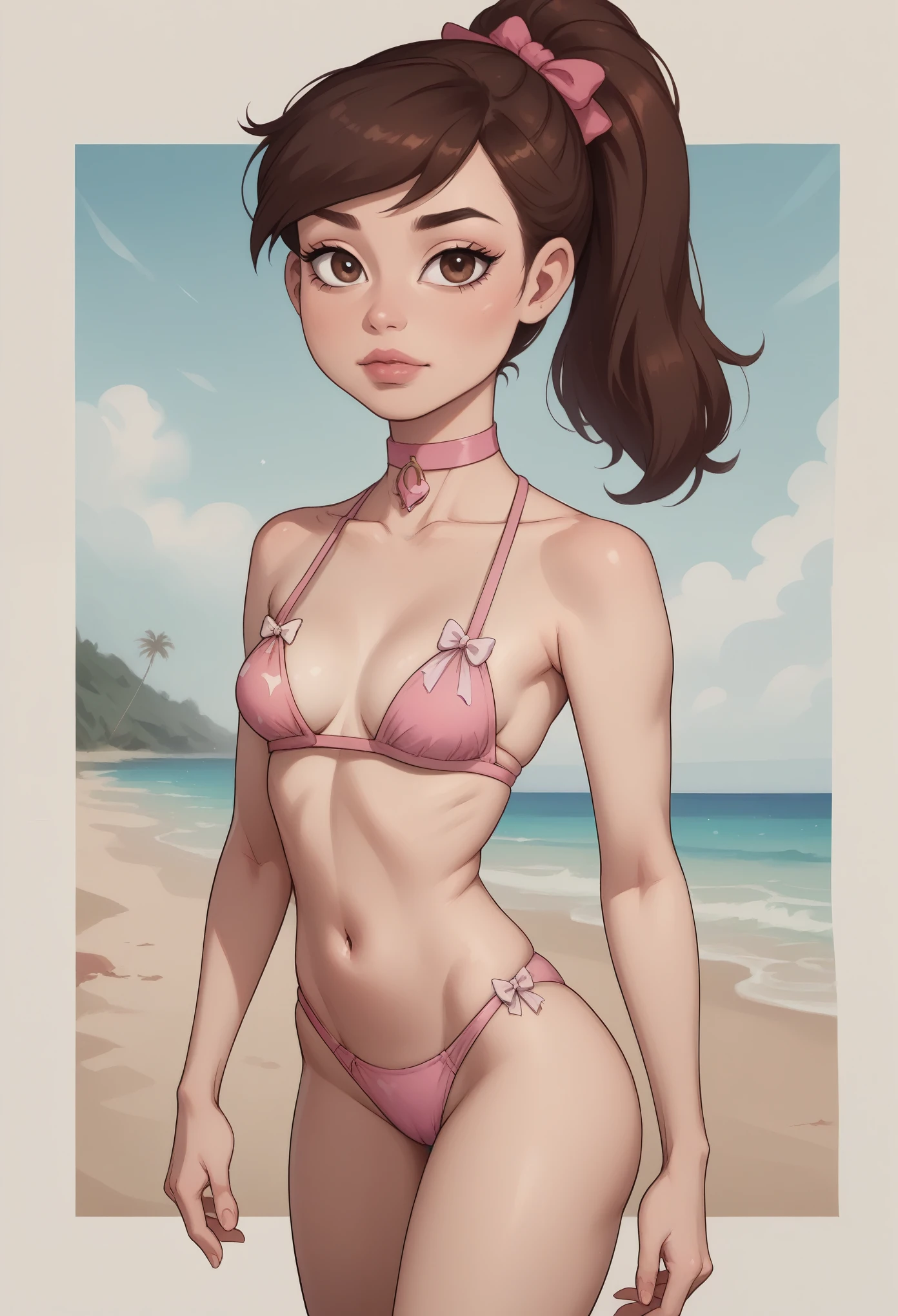 Princess Marco. brown eyes, brown hair, ponytail. small saggy breasts. slim body. choker. bow. swimsuit. beach. (best quality, photorealistic, 1girl, solo, looking at viewer, , depth of field, (watercolor illustration, soft pastel colors:1.1), realistic,)