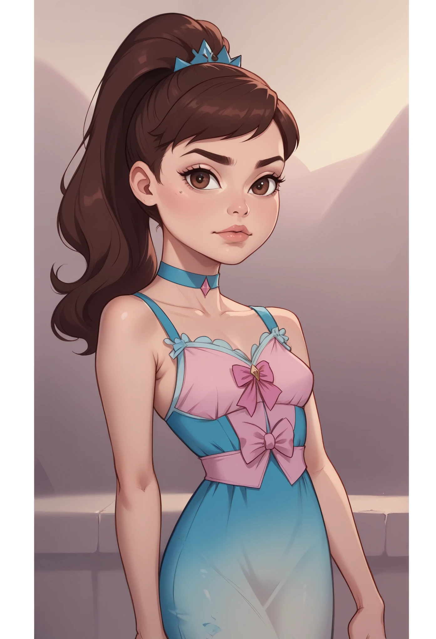 Princess Marco. brown eyes, brown hair, ponytail. small breasts. slim body. choker. bow. princess dress. thigh-high boots. (best quality, photorealistic, 1girl, solo, looking at viewer, , depth of field, (watercolor illustration, soft pastel colors:1.1), realistic,)