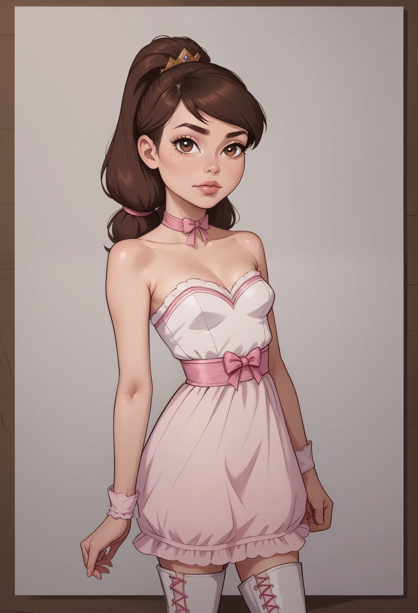 Princess Marco. brown eyes, brown hair, ponytail. small breasts. slim body. choker. bow. princess dress. thigh-high boots. (best quality, photorealistic, 1girl, solo, looking at viewer, , depth of field, (watercolor illustration, soft pastel colors:1.1), realistic,)