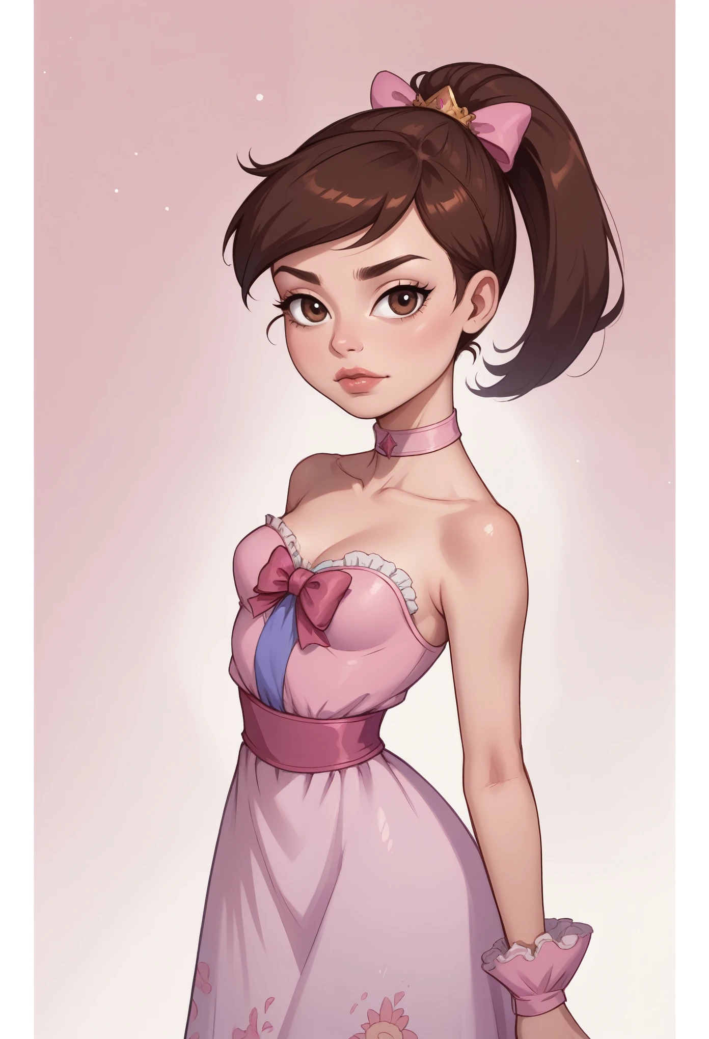 Princess Marco. brown eyes, brown hair, ponytail. small breasts. slim body. choker. bow. princess dress. thigh-high boots. (best quality, photorealistic, 1girl, solo, looking at viewer, , depth of field, (watercolor illustration, soft pastel colors:1.1), realistic,)