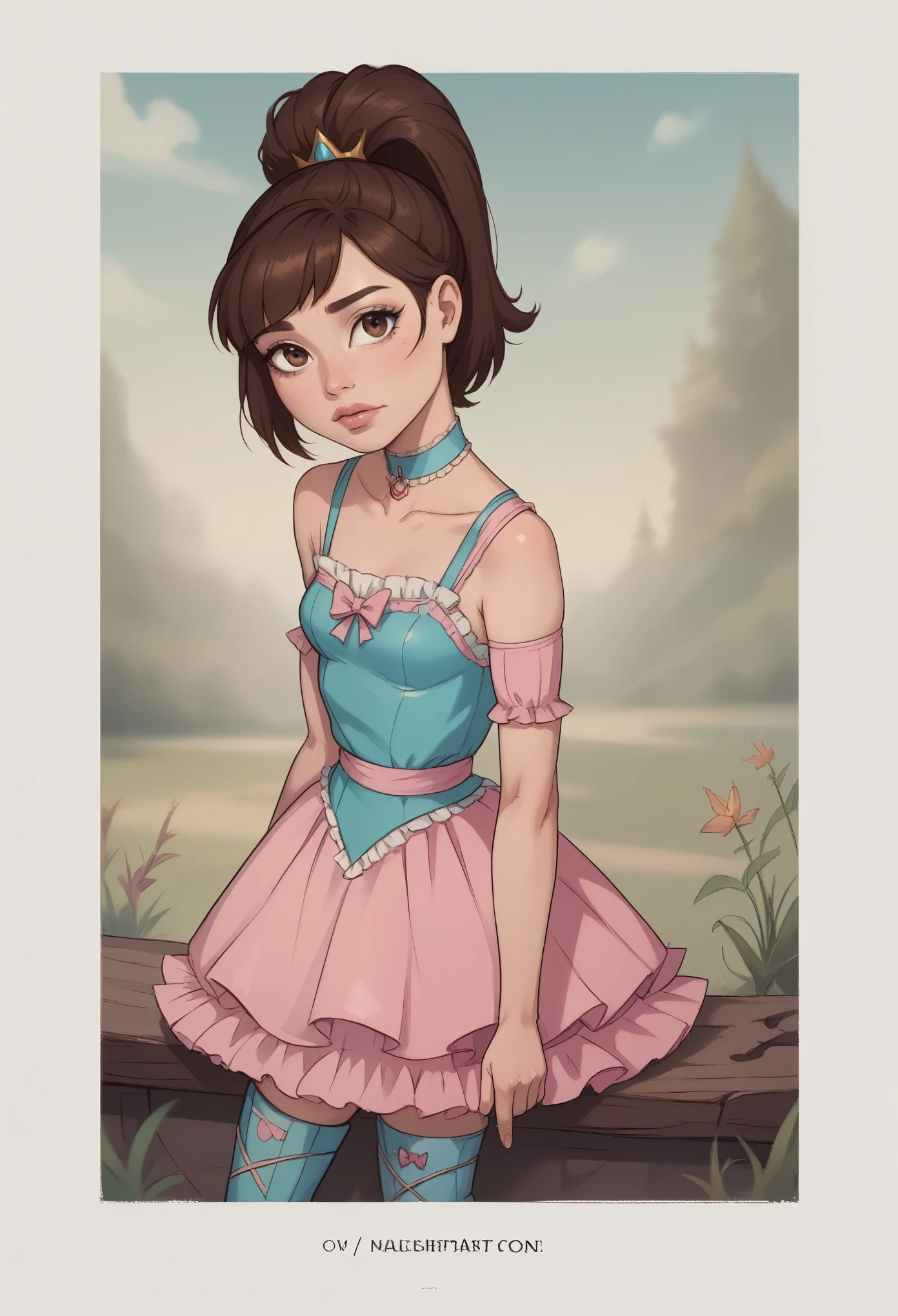 Princess Marco. brown eyes, brown hair, ponytail. small breasts. slim body. choker. bow. princess dress. thigh-high boots. (best quality, photorealistic, 1girl, solo, looking at viewer, , depth of field, (watercolor illustration, soft pastel colors:1.1), realistic,)